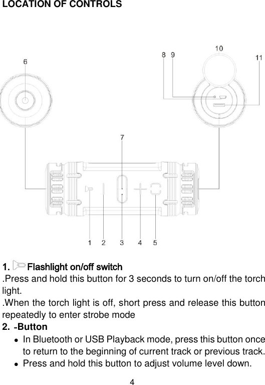  4 LOCATION OF CONTROLS                     1.      Flashlight on/off switch .Press and hold this button for 3 seconds to turn on/off the torch light.  .When the torch light is off, short press and release this button repeatedly to enter strobe mode  2. -Button    In Bluetooth or USB Playback mode, press this button once to return to the beginning of current track or previous track.  Press and hold this button to adjust volume level down. 