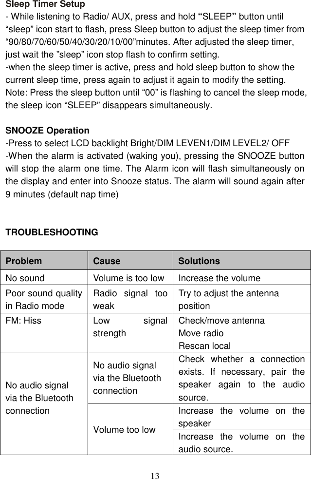  13Sleep Timer Setup   - While listening to Radio/ AUX, press and hold “SLEEP” button until “sleep” icon start to flash, press Sleep button to adjust the sleep timer from “90/80/70/60/50/40/30/20/10/00”minutes. After adjusted the sleep timer, just wait the ”sleep” icon stop flash to confirm setting. -when the sleep timer is active, press and hold sleep button to show the current sleep time, press again to adjust it again to modify the setting. Note: Press the sleep button until “00” is flashing to cancel the sleep mode, the sleep icon “SLEEP” disappears simultaneously.  SNOOZE Operation -Press to select LCD backlight Bright/DIM LEVEN1/DIM LEVEL2/ OFF   -When the alarm is activated (waking you), pressing the SNOOZE button will stop the alarm one time. The Alarm icon will flash simultaneously on the display and enter into Snooze status. The alarm will sound again after 9 minutes (default nap time)   TROUBLESHOOTING  Problem  Cause  Solutions No sound  Volume is too low  Increase the volume Poor sound quality in Radio mode   Radio  signal  too weak Try to adjust the antenna position FM: Hiss    Low  signal strength Check/move antenna Move radio Rescan local  No audio signal via the Bluetooth connection   No audio signal via the Bluetooth connection Check  whether  a  connection exists.  If  necessary,  pair  the speaker  again  to  the  audio source. Volume too low Increase  the  volume  on  the speaker Increase  the  volume  on  the audio source. 