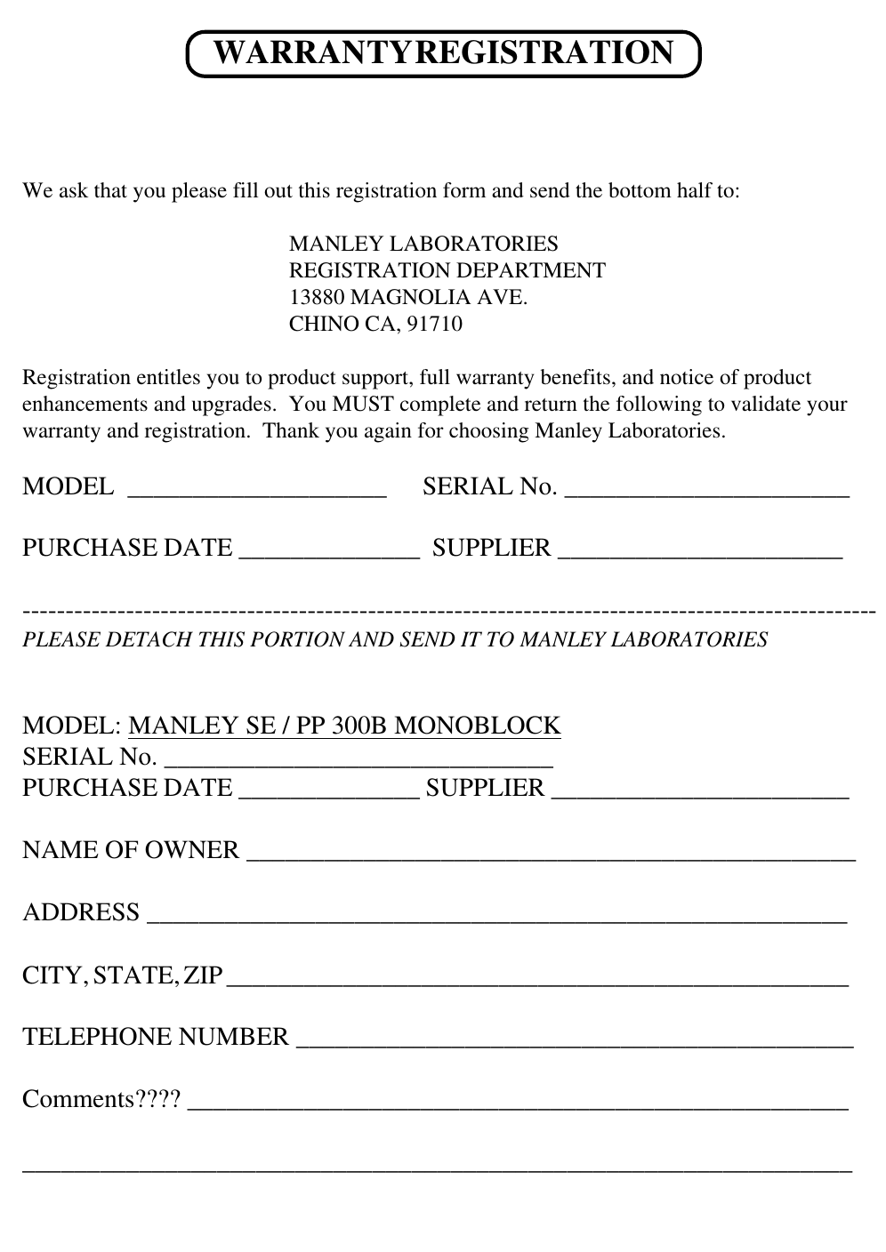 Page 11 of 11 - Manley-Labs Manley-Labs-Triode-Se-Pp-300B-Users-Manual-  Manley-labs-triode-se-pp-300b-users-manual