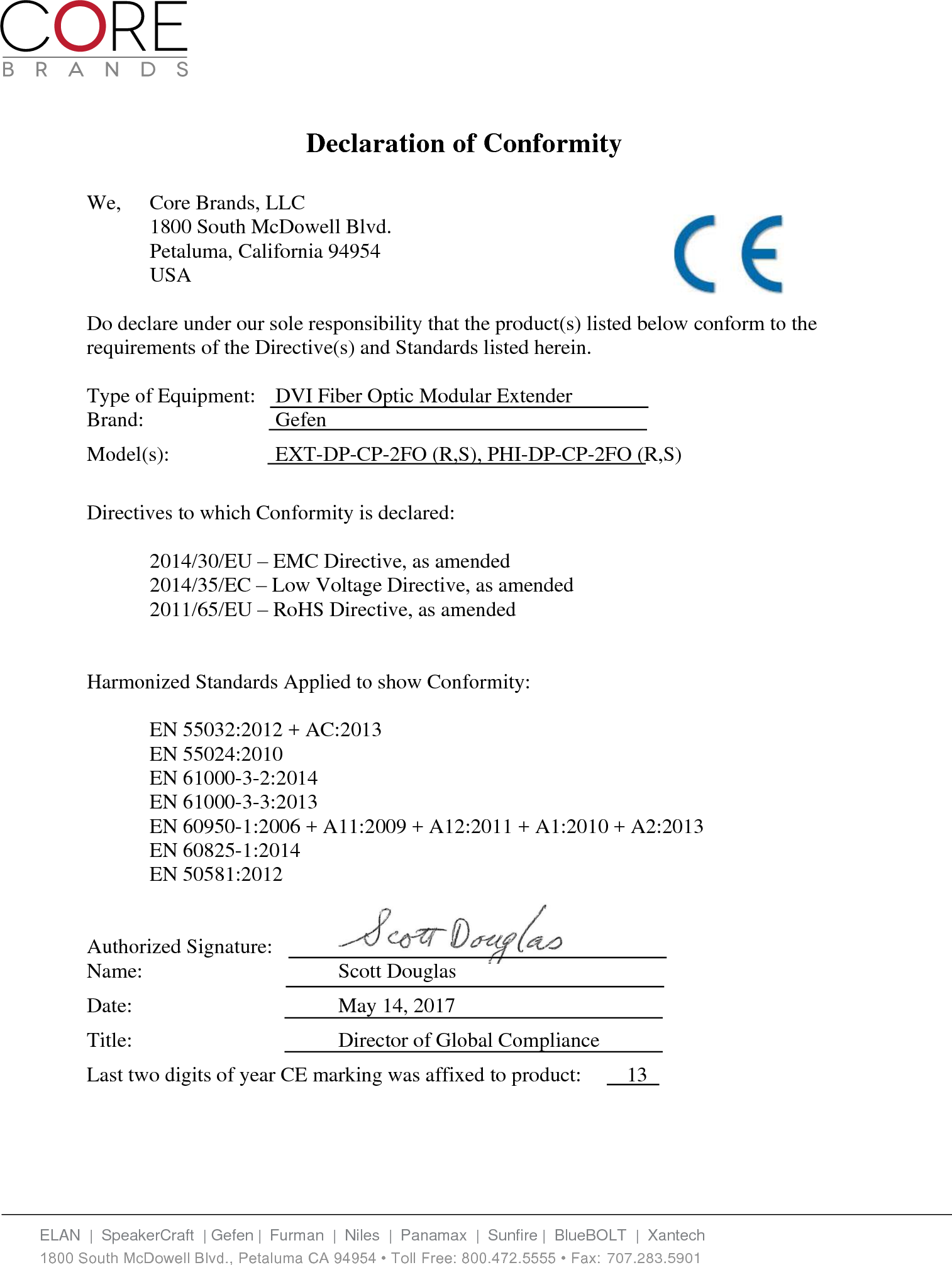 Declaration Of Conformity Gefen Ext Dp Cp 2Fo (R,S) Manual Declaration ...