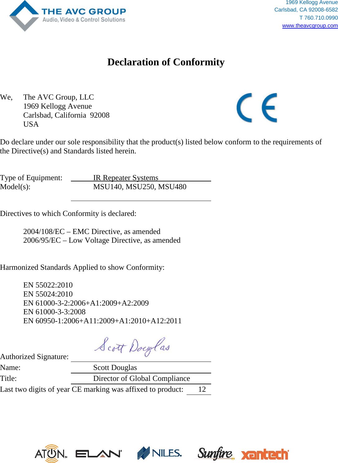 Declaration Of Conformity Niles Msu140 Msu250 Msu480 The AVC Group ...