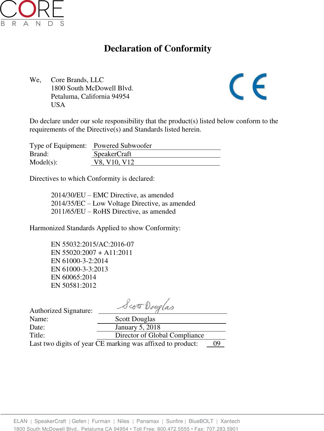 Page 1 of 1 - Declaration Of Conformity Speaker Craft V8 V10 V12