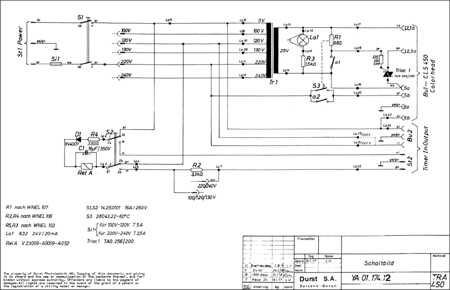 Durst TRA450 Wiring Diagrams