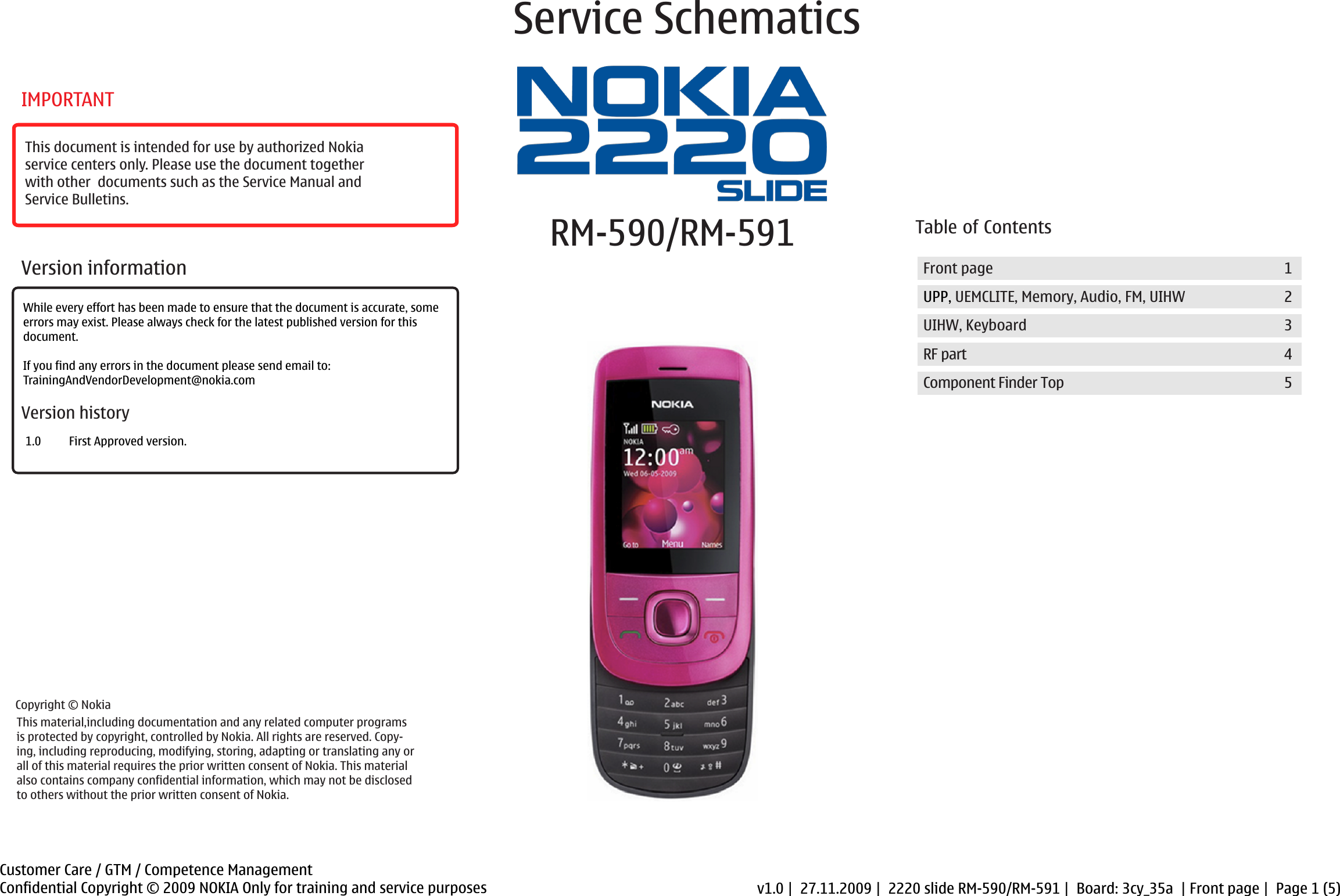 Page 1 of 5 - 2220  RM-590/RM-591 Service Schematics V1.0 Nokia RM590 RM591