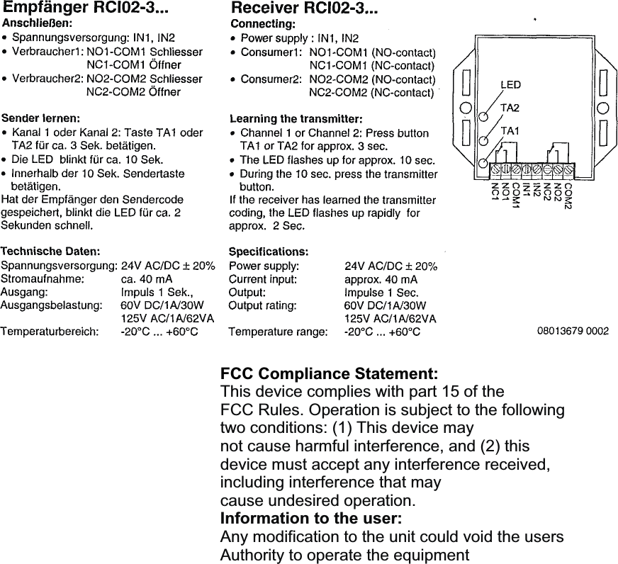 FCC Compliance Statement:This device complies with part 15 of theFCC Rules. Operation is subject to the followingtwo conditions: (1) This device maynot cause harmful interference, and (2) thisdevice must accept any interference received,including interference that maycause undesired operation.Any modification to the unit could void the usersAuthority to operate the equipmentInformation to the user: