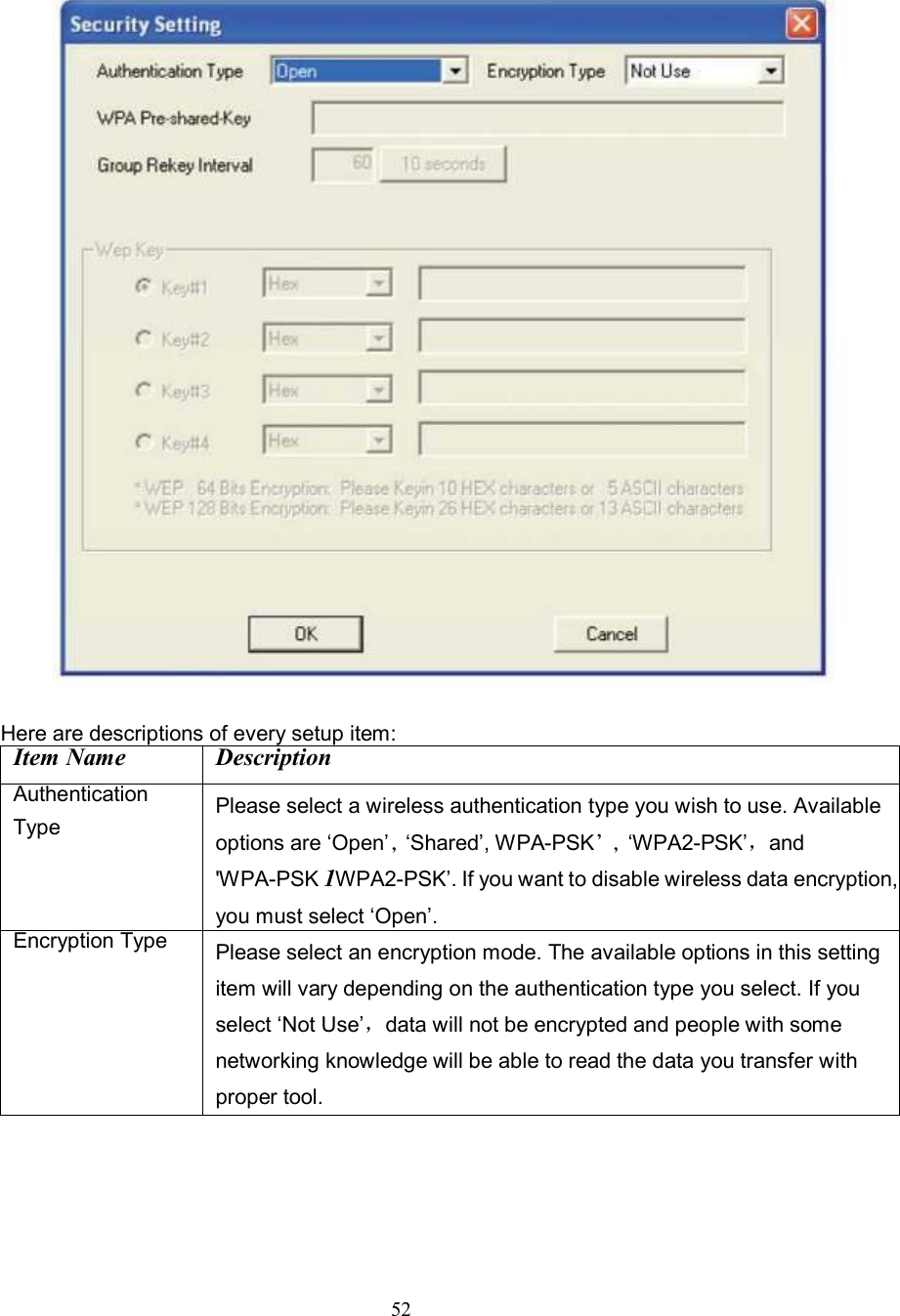 52     Here are descriptions of every setup item: Item Name Description Authentication Type Please select a wireless authentication type you wish to use. Available options are ‘Open’，‘Shared’, WPA-PSK’， ‘WPA2-PSK’，and &apos;WPA-PSK 1WPA2-PSK’. If you want to disable wireless data encryption, you must select ‘Open’. Encryption Type  Please select an encryption mode. The available options in this setting item will vary depending on the authentication type you select. If you select ‘Not Use’，data will not be encrypted and people with some networking knowledge will be able to read the data you transfer with proper tool. 