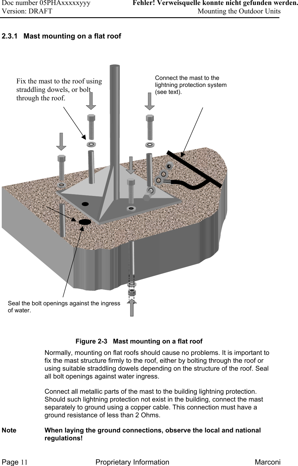 Doc number 05PHAxxxxxyyy   Fehler! Verweisquelle konnte nicht gefunden werden. Version: DRAFT     Mounting the Outdoor Units  2.3.1 Mast mounting on a flat roof      Connect the mast to the lightning protection system (see text). Fix the mast to the roof using straddling dowels, or bolt through the roof.  Seal the bolt openings against the ingress of water.  Figure 2-3   Mast mounting on a flat roof Normally, mounting on flat roofs should cause no problems. It is important to fix the mast structure firmly to the roof, either by bolting through the roof or using suitable straddling dowels depending on the structure of the roof. Seal all bolt openings against water ingress. Connect all metallic parts of the mast to the building lightning protection. Should such lightning protection not exist in the building, connect the mast separately to ground using a copper cable. This connection must have a ground resistance of less than 2 Ohms. Note  When laying the ground connections, observe the local and national regulations! Page 11 Proprietary Information  Marconi 