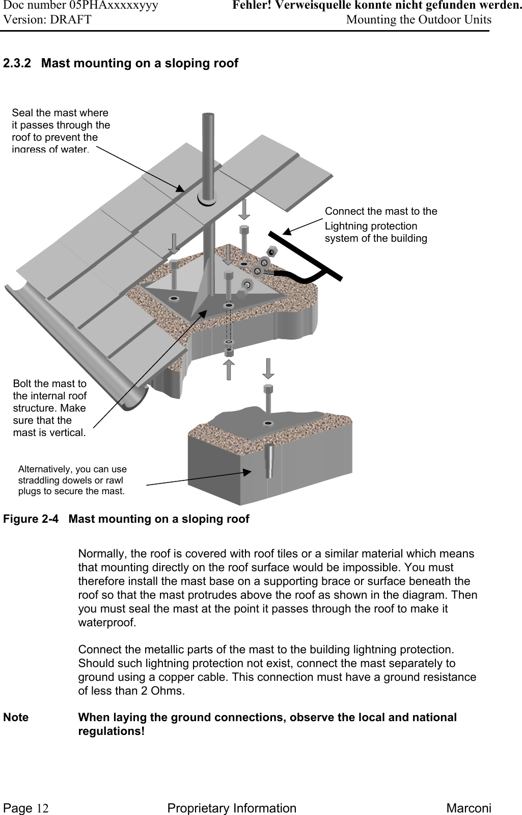 Doc number 05PHAxxxxxyyy   Fehler! Verweisquelle konnte nicht gefunden werden. Version: DRAFT     Mounting the Outdoor Units  2.3.2 Mast mounting on a sloping roof    Seal the mast where it passes through the roof to prevent the ingress of water.Connect the mast to the Lightning protection system of the building Bolt the mast to the internal roof structure. Make sure that the mast is vertical.Alternatively, you can use straddling dowels or rawl plugs to secure the mast. Figure 2-4   Mast mounting on a sloping roof  Normally, the roof is covered with roof tiles or a similar material which means that mounting directly on the roof surface would be impossible. You must therefore install the mast base on a supporting brace or surface beneath the roof so that the mast protrudes above the roof as shown in the diagram. Then you must seal the mast at the point it passes through the roof to make it waterproof. Connect the metallic parts of the mast to the building lightning protection. Should such lightning protection not exist, connect the mast separately to ground using a copper cable. This connection must have a ground resistance of less than 2 Ohms. Note  When laying the ground connections, observe the local and national regulations!  Page 12 Proprietary Information  Marconi 