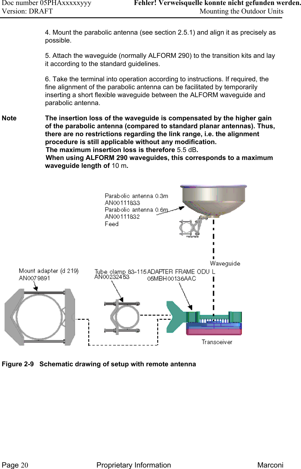 Doc number 05PHAxxxxxyyy   Fehler! Verweisquelle konnte nicht gefunden werden. Version: DRAFT     Mounting the Outdoor Units  4. Mount the parabolic antenna (see section 2.5.1) and align it as precisely as possible.  5. Attach the waveguide (normally ALFORM 290) to the transition kits and lay it according to the standard guidelines.   6. Take the terminal into operation according to instructions. If required, the fine alignment of the parabolic antenna can be facilitated by temporarily inserting a short flexible waveguide between the ALFORM waveguide and parabolic antenna.  Note  The insertion loss of the waveguide is compensated by the higher gain of the parabolic antenna (compared to standard planar antennas). Thus, there are no restrictions regarding the link range, i.e. the alignment procedure is still applicable without any modification.   The maximum insertion loss is therefore 5.5 dB.  When using ALFORM 290 waveguides, this corresponds to a maximum waveguide length of 10 m.  Figure 2-9   Schematic drawing of setup with remote antenna  Page 20 Proprietary Information  Marconi 