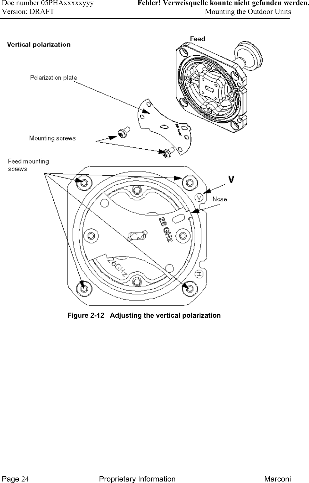 Doc number 05PHAxxxxxyyy   Fehler! Verweisquelle konnte nicht gefunden werden. Version: DRAFT     Mounting the Outdoor Units   Figure 2-12   Adjusting the vertical polarization  Page 24 Proprietary Information  Marconi 