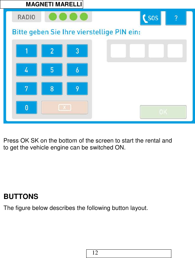  MAGNETI MARELLI   12    Press OK SK on the bottom of the screen to start the rental and to get the vehicle engine can be switched ON.      BUTTONS The figure below describes the following button layout.  