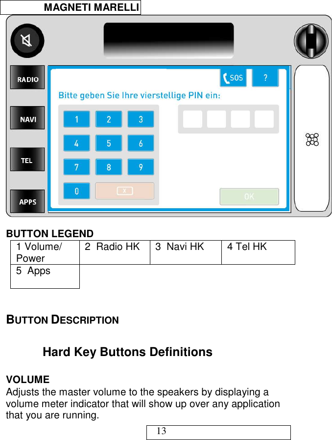  MAGNETI MARELLI   13   BUTTON LEGEND 1 Volume/ Power  2  Radio HK  3  Navi HK  4 Tel HK 5  Apps  BUTTON DESCRIPTION  Hard Key Buttons Definitions  VOLUME Adjusts the master volume to the speakers by displaying a volume meter indicator that will show up over any application that you are running. 