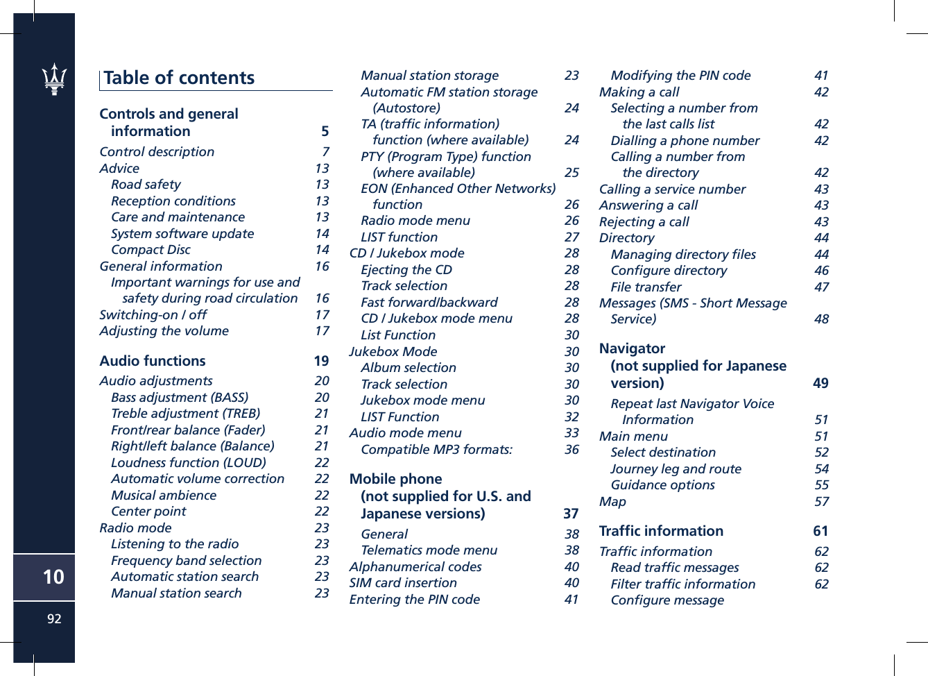 1092Table of contentsControls and general information 5Control description  7Advice 13Road safety  13Reception conditions  13Care and maintenance  13System software update  14Compact Disc  14General information   16Important warnings for use and safety during road circulation  16Switching-on / off  17Adjusting the volume   17Audio functions   19Audio adjustments  20Bass adjustment (BASS)  20Treble adjustment (TREB)  21Front/rear balance (Fader)  21Right/left balance (Balance)  21Loudness function (LOUD)  22Automatic volume correction  22Musical ambience  22Center point  22Radio mode  23Listening to the radio  23Frequency band selection  23Automatic station search   23Manual station search  23Modifying the PIN code  41Making a call  42Selecting a number from the last calls list  42Dialling a phone number  42Calling a number from the directory  42Calling a service number  43Answering a call  43Rejecting a call  43Directory 44Managing directory ﬁ les  44Conﬁ gure directory  46File transfer  47Messages (SMS - Short Message Service) 48Navigator(not supplied for Japanese version) 49Repeat last Navigator Voice Information 51Main menu  51Select destination  52Journey leg and route  54Guidance options  55Map 57Trafﬁ c information  61Trafﬁ c information   62Read trafﬁ c messages  62Filter trafﬁ c information  62Conﬁ gure message Manual station storage  23Automatic FM station storage (Autostore) 24TA (trafﬁ c information) function (where available)  24PTY (Program Type) function (where available)  25EON (Enhanced Other Networks) function 26Radio mode menu  26LIST function  27CD / Jukebox mode  28Ejecting the CD  28Track selection  28Fast forward/backward  28CD / Jukebox mode menu  28List Function  30Jukebox Mode  30Album selection  30Track selection  30Jukebox mode menu  30LIST Function  32Audio mode menu  33Compatible MP3 formats:  36Mobile phone(not supplied for U.S. and Japanese versions)  37General 38Telematics mode menu  38Alphanumerical codes  40SIM card insertion  40Entering the PIN code  41