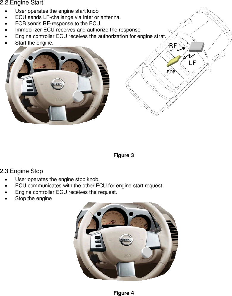   2.2.Engine Start ·  User operates the engine start knob.     ·  ECU sends LF-challenge via interior antenna.     ·  FOB sends RF-response to the ECU.     ·  Immobilizer ECU receives and authorize the response.     ·  Engine controller ECU receives the authorization for engine strat.     ·  Start the engine.          Figure 3 2.3.Engine Stop ·  User operates the engine stop knob.     ·  ECU communicates with the other ECU for engine start request.     ·  Engine controller ECU receives the request.     ·  Stop the engine   Figure 4     LF RF FOB 