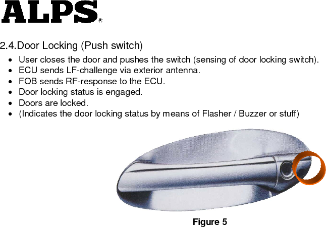   2.4.Door Locking (Push switch) ·  User closes the door and pushes the switch (sensing of door locking switch).     ·  ECU sends LF-challenge via exterior antenna.     ·  FOB sends RF-response to the ECU.     ·  Door locking status is engaged.     ·  Doors are locked.     ·  (Indicates the door locking status by means of Flasher / Buzzer or stuff)   Figure 5 