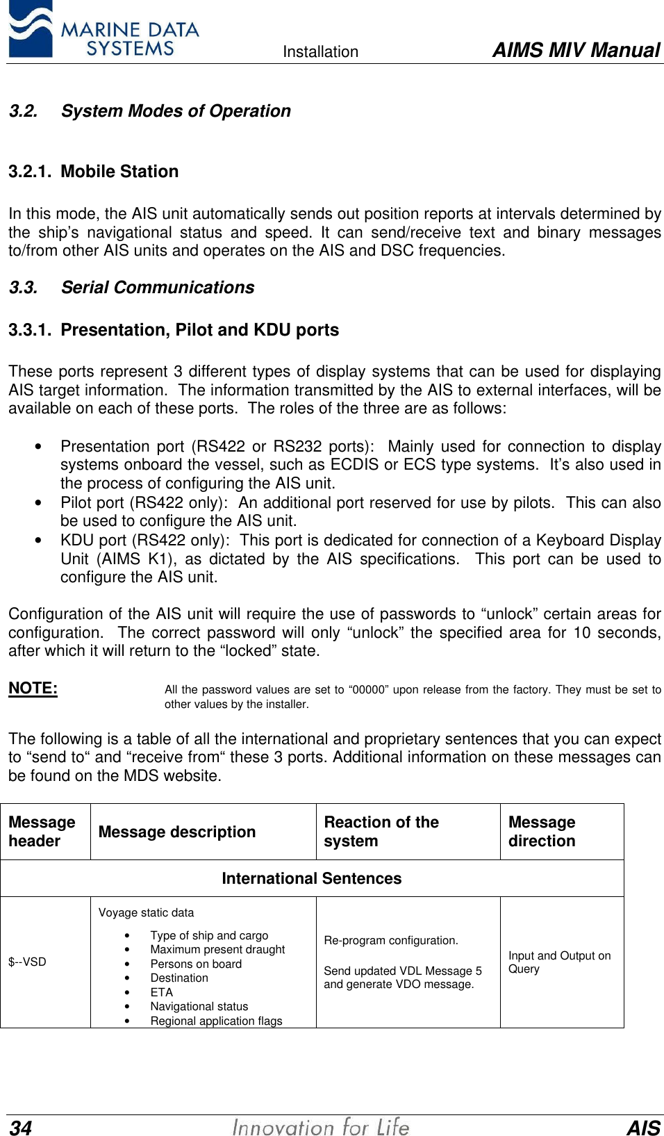    Installation AIMS MIV Manual34 AIS3.2. System Modes of Operation3.2.1. Mobile StationIn this mode, the AIS unit automatically sends out position reports at intervals determined bythe ship&rsquo;s navigational status and speed. It can send/receive text and binary messagesto/from other AIS units and operates on the AIS and DSC frequencies.3.3. Serial Communications3.3.1. Presentation, Pilot and KDU portsThese ports represent 3 different types of display systems that can be used for displayingAIS target information.  The information transmitted by the AIS to external interfaces, will beavailable on each of these ports.  The roles of the three are as follows:&bull; Presentation port (RS422 or RS232 ports):  Mainly used for connection to displaysystems onboard the vessel, such as ECDIS or ECS type systems.  It&rsquo;s also used inthe process of configuring the AIS unit.&bull; Pilot port (RS422 only):  An additional port reserved for use by pilots.  This can alsobe used to configure the AIS unit.&bull; KDU port (RS422 only):  This port is dedicated for connection of a Keyboard DisplayUnit (AIMS K1), as dictated by the AIS specifications.  This port can be used toconfigure the AIS unit.Configuration of the AIS unit will require the use of passwords to &ldquo;unlock&rdquo; certain areas forconfiguration.  The correct password will only &ldquo;unlock&rdquo; the specified area for 10 seconds,after which it will return to the &ldquo;locked&rdquo; state.NOTE: All the password values are set to &ldquo;00000&rdquo; upon release from the factory. They must be set toother values by the installer.The following is a table of all the international and proprietary sentences that you can expectto &ldquo;send to&ldquo; and &ldquo;receive from&ldquo; these 3 ports. Additional information on these messages canbe found on the MDS website.Messageheader Message description Reaction of thesystem MessagedirectionInternational Sentences$--VSDVoyage static data&bull; Type of ship and cargo&bull; Maximum present draught&bull; Persons on board&bull; Destination&bull; ETA&bull; Navigational status&bull; Regional application flagsRe-program configuration.Send updated VDL Message 5and generate VDO message.Input and Output onQuery