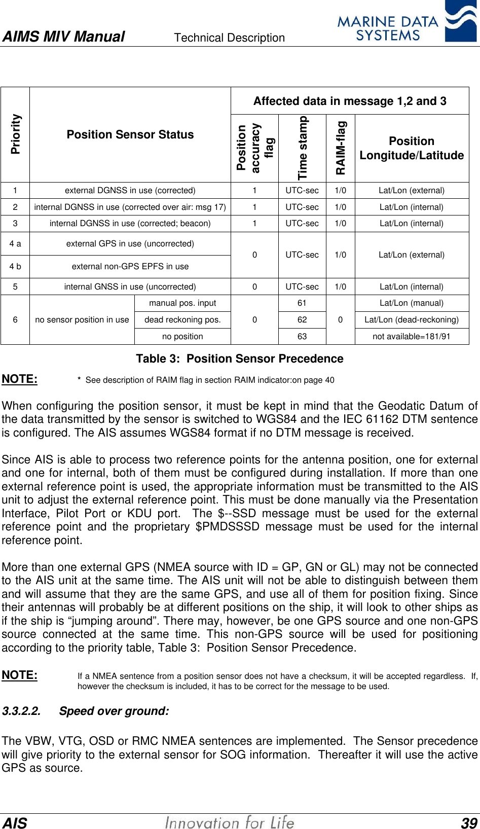 AIMS MIV Manual Technical Description      AIS 39Affected data in message 1,2 and 3PriorityPosition Sensor StatusPositionaccuracyflagTime stampRAIM-flagPositionLongitude/Latitude1external DGNSS in use (corrected) 1UTC-sec 1/0 Lat/Lon (external)2internal DGNSS in use (corrected over air: msg 17) 1UTC-sec 1/0 Lat/Lon (internal)3internal DGNSS in use (corrected; beacon) 1UTC-sec 1/0 Lat/Lon (internal)4 a external GPS in use (uncorrected)4 b external non-GPS EPFS in use0UTC-sec 1/0 Lat/Lon (external)5internal GNSS in use (uncorrected) 0UTC-sec 1/0 Lat/Lon (internal)manual pos. input 61 Lat/Lon (manual)dead reckoning pos. 62 Lat/Lon (dead-reckoning)6no sensor position in useno position0630not available=181/91Table 3:  Position Sensor PrecedenceNOTE: *  See description of RAIM flag in section RAIM indicator:on page 40When configuring the position sensor, it must be kept in mind that the Geodatic Datum ofthe data transmitted by the sensor is switched to WGS84 and the IEC 61162 DTM sentenceis configured. The AIS assumes WGS84 format if no DTM message is received.Since AIS is able to process two reference points for the antenna position, one for externaland one for internal, both of them must be configured during installation. If more than oneexternal reference point is used, the appropriate information must be transmitted to the AISunit to adjust the external reference point. This must be done manually via the PresentationInterface, Pilot Port or KDU port.  The $--SSD message must be used for the externalreference point and the proprietary $PMDSSSD message must be used for the internalreference point.More than one external GPS (NMEA source with ID = GP, GN or GL) may not be connectedto the AIS unit at the same time. The AIS unit will not be able to distinguish between themand will assume that they are the same GPS, and use all of them for position fixing. Sincetheir antennas will probably be at different positions on the ship, it will look to other ships asif the ship is &ldquo;jumping around&rdquo;. There may, however, be one GPS source and one non-GPSsource connected at the same time. This non-GPS source will be used for positioningaccording to the priority table, Table 3:  Position Sensor Precedence.NOTE: If a NMEA sentence from a position sensor does not have a checksum, it will be accepted regardless.  If,however the checksum is included, it has to be correct for the message to be used.3.3.2.2. Speed over ground:The VBW, VTG, OSD or RMC NMEA sentences are implemented.  The Sensor precedencewill give priority to the external sensor for SOG information.  Thereafter it will use the activeGPS as source.
