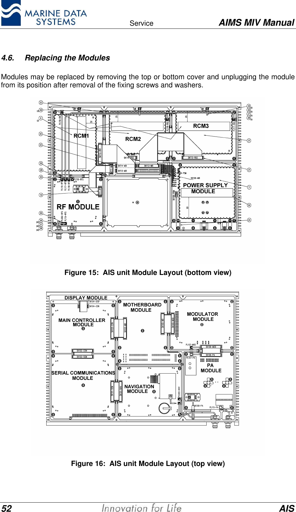    Service AIMS MIV Manual52 AIS4.6. Replacing the ModulesModules may be replaced by removing the top or bottom cover and unplugging the modulefrom its position after removal of the fixing screws and washers.Figure 15:  AIS unit Module Layout (bottom view)Figure 16:  AIS unit Module Layout (top view)