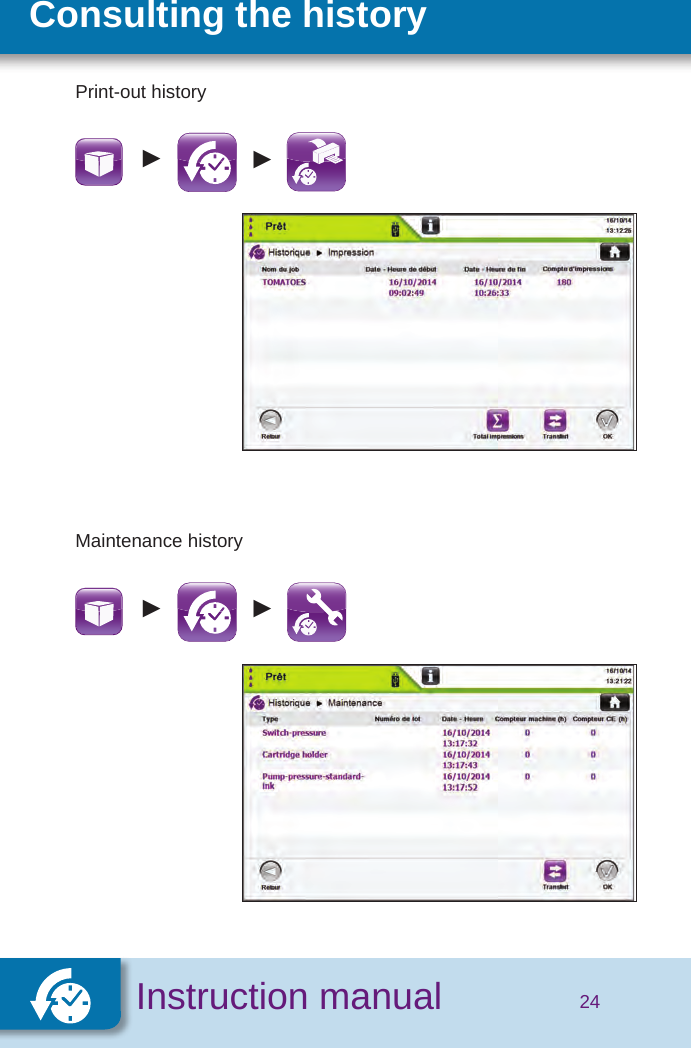 SécuritéInstruction manualConsulting the history►►►►24Print-out historyMaintenance history