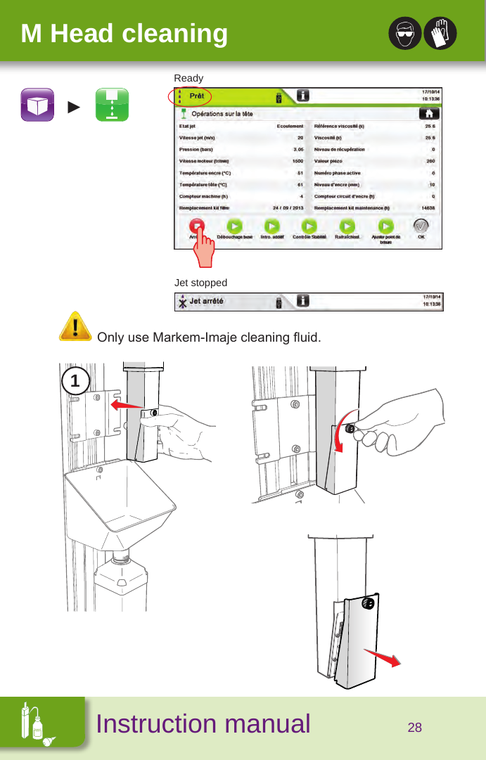 SécuritéInstruction manualM Head cleaningOnly use Markem-Imaje cleaning uid.1►Jet stoppedReady28