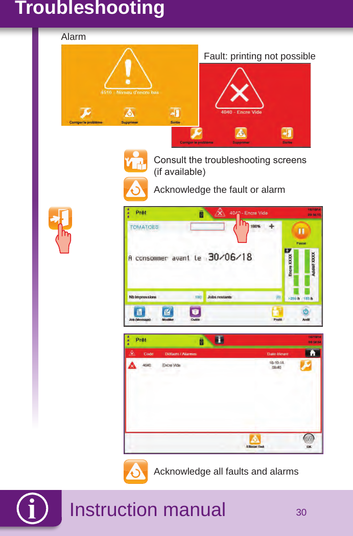 Instruction manualTroubleshooting30  Acknowledge all faults and alarms  Consult the troubleshooting screens   (if available)  Acknowledge the fault or alarmFault: printing not possibleAlarm