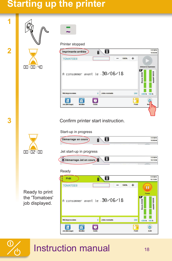 Instruction manualStarting up the printer00:00:40Printer stoppedConrm printer start instruction.Start-up in progressJet start-up in progress00:02:00Ready18Ready to print the &apos;Tomatoes&apos; job displayed.123