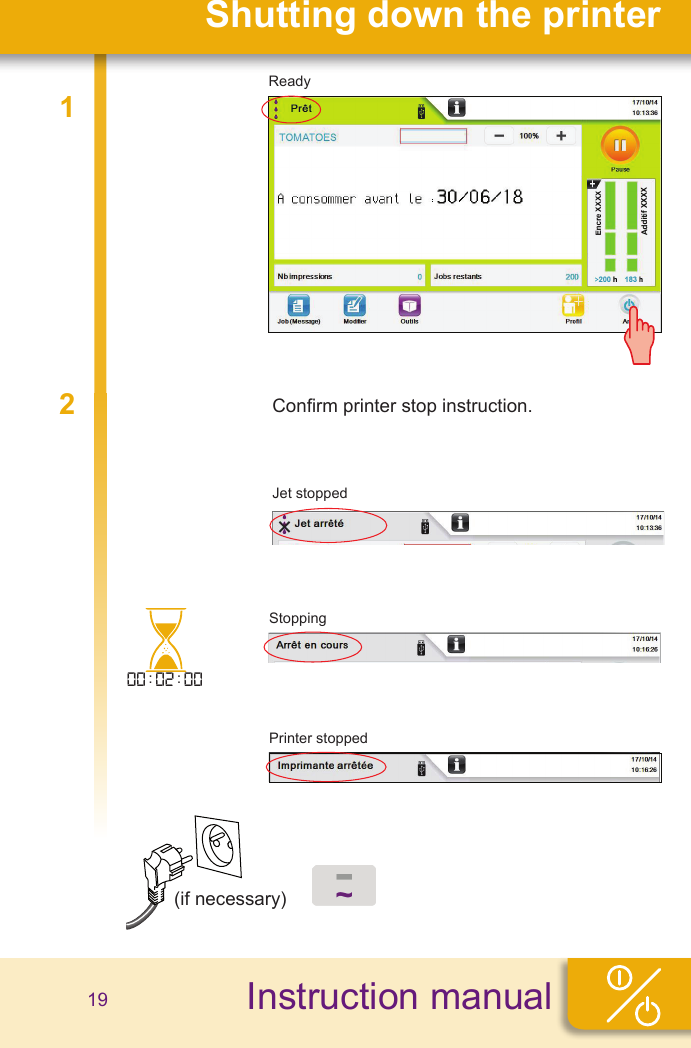 Instruction manualShutting down the printer00:02:00ReadyPrinter stoppedStoppingJet stoppedConrm printer stop instruction.19(if necessary)12