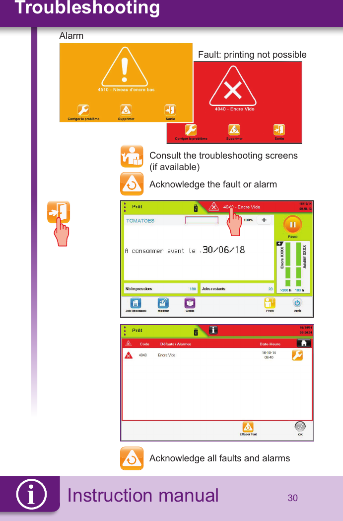 Instruction manualTroubleshooting30  Acknowledge all faults and alarms  Consult the troubleshooting screens   (if available)  Acknowledge the fault or alarmFault: printing not possibleAlarm