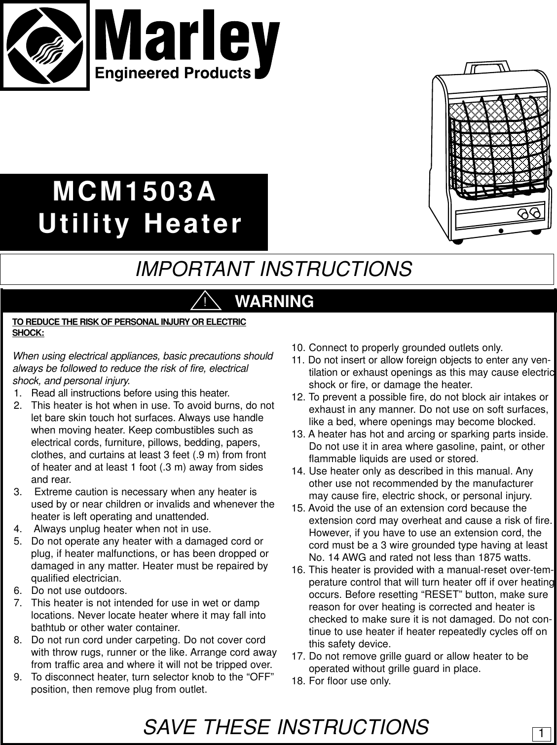 Page 1 of 6 - Marley-Engineered-Products Marley-Engineered-Products-Marley-Utility-Heater-Mcm1503A-Users-Manual- 5200-2455-000  Marley-engineered-products-marley-utility-heater-mcm1503a-users-manual