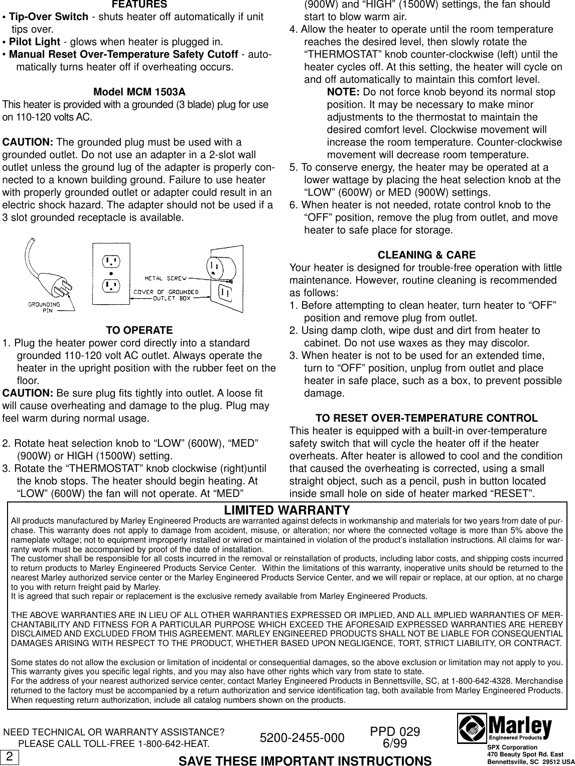 Page 2 of 6 - Marley-Engineered-Products Marley-Engineered-Products-Marley-Utility-Heater-Mcm1503A-Users-Manual- 5200-2455-000  Marley-engineered-products-marley-utility-heater-mcm1503a-users-manual