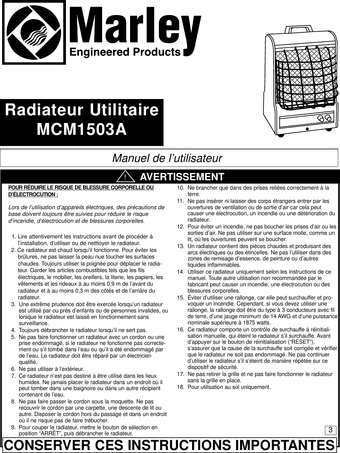 Page 3 of 6 - Marley-Engineered-Products Marley-Engineered-Products-Marley-Utility-Heater-Mcm1503A-Users-Manual- 5200-2455-000  Marley-engineered-products-marley-utility-heater-mcm1503a-users-manual