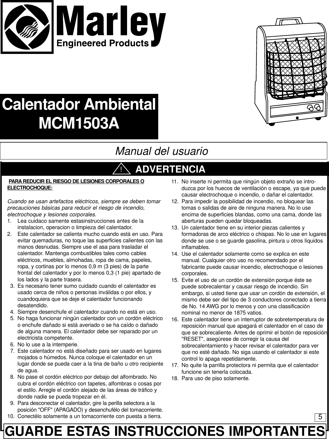 Page 5 of 6 - Marley-Engineered-Products Marley-Engineered-Products-Marley-Utility-Heater-Mcm1503A-Users-Manual- 5200-2455-000  Marley-engineered-products-marley-utility-heater-mcm1503a-users-manual