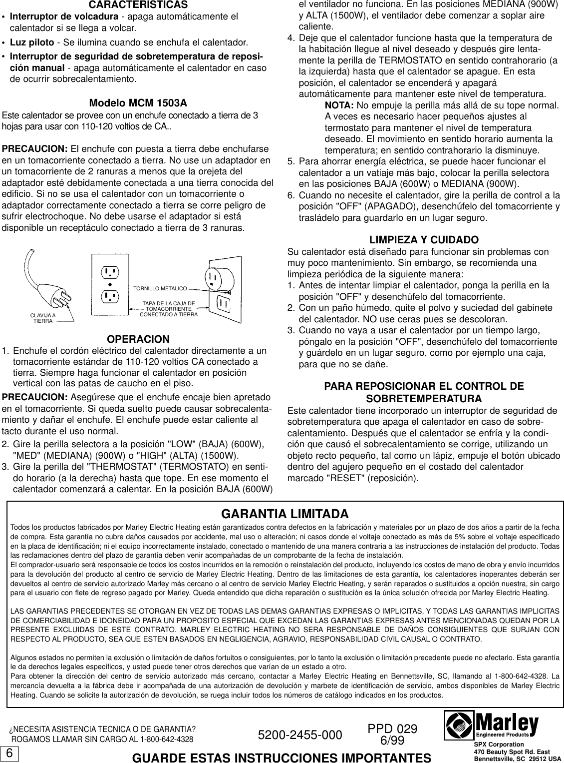 Page 6 of 6 - Marley-Engineered-Products Marley-Engineered-Products-Marley-Utility-Heater-Mcm1503A-Users-Manual- 5200-2455-000  Marley-engineered-products-marley-utility-heater-mcm1503a-users-manual