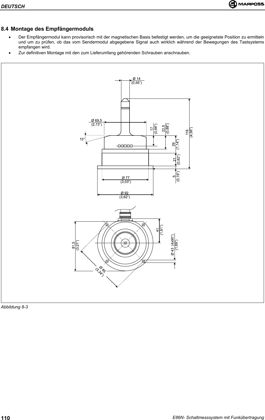 DEUTSCHE86N- Schaltmesssystem mit Funkübertragung1108.4 Montage des Empfängermoduls•  Der Empfängermodul kann provisorisch mit der magnetischen Basis befestigt werden, um die geeignetste Position zu ermittelnund um zu prüfen, ob das vom Sendermodul abgegebene Signal auch wirklich während der Bewegungen des Tastsystemsempfangen wird.•  Zur definitiven Montage mit den zum Lieferumfang gehörenden Schrauben anschrauben.Abbildung 8-3