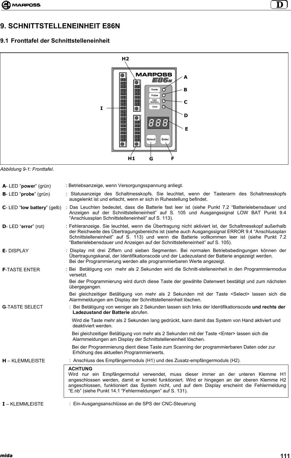 mida 1119. SCHNITTSTELLENEINHEIT E86N9.1 Fronttafel der SchnittstelleneinheitAbbildung 9-1: Fronttafel.A- LED “power” (grün) : Betriebsanzeige, wenn Versorgungsspannung anliegt.B- LED “probe” (grün) : Statusanzeige des Schaltmesskopfs. Sie leuchtet, wenn der Tasterarm des Schaltmesskopfsausgelenkt ist und erlischt, wenn er sich in Ruhestellung befindet.C- LED “low battery” (gelb) : Das Leuchten bedeutet, dass die Batterie fast leer ist (siehe Punkt 7.2 “Batterielebensdauer undAnzeigen auf der Schnittstelleneinheit” auf S. 105 und Ausgangssignal LOW BAT Punkt 9.4“Anschlussplan Schnittstelleneinheit” auf S. 113).D- LED “error” (rot) : Fehleranzeige. Sie leuchtet, wenn die Übertragung nicht aktiviert ist, der Schaltmesskopf außerhalbder Reichweite des Übertragungsbereichs ist (siehe auch Ausgangssignal ERROR 9.4 “AnschlussplanSchnittstelleneinheit” auf S. 113) und wenn die Batterie vollkommen leer ist (siehe Punkt 7.2“Batterielebensdauer und Anzeigen auf der Schnittstelleneinheit” auf S. 105).E- DISPLAY : Display mit drei Ziffern und sieben Segmenten. Bei normalen Betriebsbedingungen können derÜbertragungskanal, der Identifikationscode und der Ladezustand der Batterie angezeigt werden.Bei der Programmierung werden alle programmierbaren Werte angezeigt.F-TASTE ENTER : Bei  Betätigung von  mehr als 2 Sekunden wird die Schnitt-stelleneinheit in den Programmiermodusversetzt.Bei der Programmierung wird durch diese Taste der gewählte Datenwert bestätigt und zum nächstenübergegangen.Bei gleichzeitiger Betätigung von mehr als 2 Sekunden mit der Taste &lt;Select&gt; lassen sich dieAlarmmeldungen am Display der Schnittstelleneinheit löschen.G-TASTE SELECT :  Bei Betätigung von weniger als 2 Sekunden lassen sich links der Identifikationscode und rechts derLadezustand der Batterie abrufen.  Wird die Taste mehr als 2 Sekunden lang gedrückt, kann damit das System von Hand aktiviert unddeaktiviert werden.  Bei gleichzeitiger Betätigung von mehr als 2 Sekunden mit der Taste &lt;Enter&gt; lassen sich dieAlarmmeldungen am Display der Schnittstelleneinheit löschen.  Bei der Programmierung dient diese Taste zum Scanning der programmierbaren Daten oder zurErhöhung des aktuellen Programmierwerts.H – KLEMMLEISTE :  Anschluss des Empfängermoduls (H1) und des Zusatz-empfängermoduls (H2).ACHTUNGWird nur ein Empfängermodul verwendet, muss dieser immer an der unteren Klemme H1angeschlossen werden, damit er korrekt funktioniert. Wird er hingegen an der oberen Klemme H2angeschlossen, funktioniert das System nicht, und auf dem Display erscheint die Fehlermeldung“E.nb” (siehe Punkt 14.1 “Fehlermeldungen” auf S. 131).I – KLEMMLEISTE :  Ein-Ausgangsanschlüsse an die SPS der CNC-SteuerungH2EGCDIFH1AB