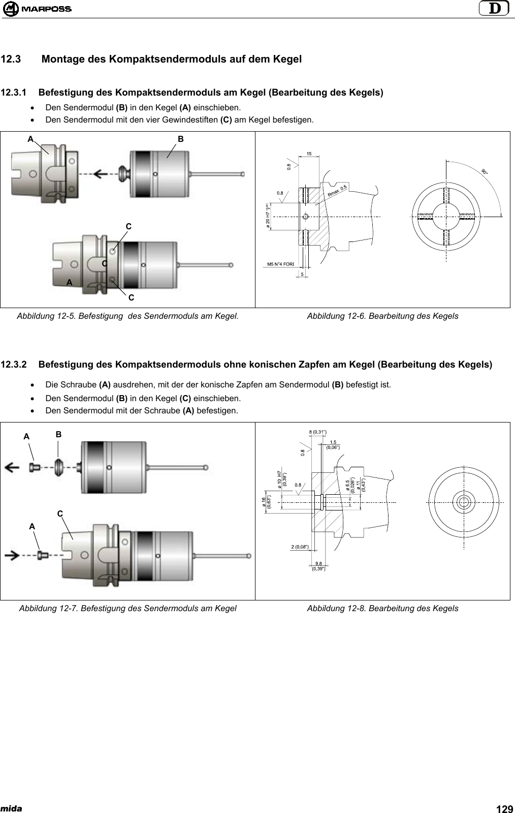 mida 12912.3   Montage des Kompaktsendermoduls auf dem Kegel12.3.1  Befestigung des Kompaktsendermoduls am Kegel (Bearbeitung des Kegels)• Den Sendermodul (B) in den Kegel (A) einschieben.•  Den Sendermodul mit den vier Gewindestiften (C) am Kegel befestigen.Abbildung 12-5. Befestigung  des Sendermoduls am Kegel. Abbildung 12-6. Bearbeitung des Kegels12.3.2  Befestigung des Kompaktsendermoduls ohne konischen Zapfen am Kegel (Bearbeitung des Kegels)• Die Schraube (A) ausdrehen, mit der der konische Zapfen am Sendermodul (B) befestigt ist.• Den Sendermodul (B) in den Kegel (C) einschieben.•  Den Sendermodul mit der Schraube (A) befestigen.Abbildung 12-7. Befestigung des Sendermoduls am Kegel Abbildung 12-8. Bearbeitung des KegelsABABCCCAAC