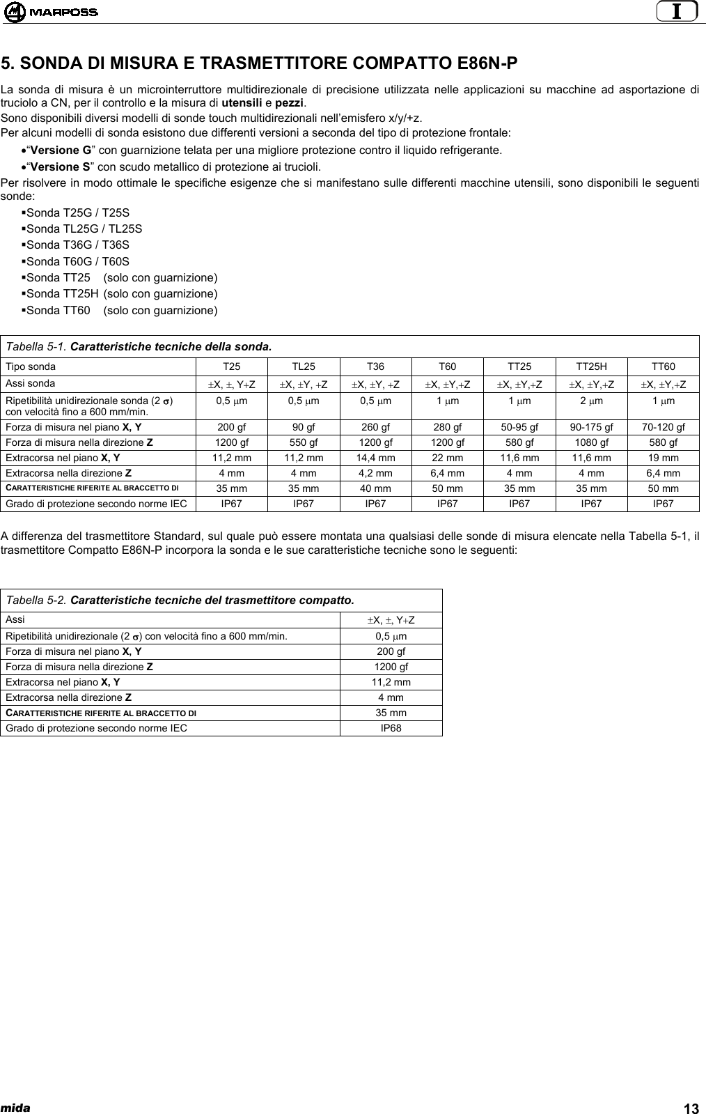  mida 135. SONDA DI MISURA E TRASMETTITORE COMPATTO E86N-PLa sonda di misura è un microinterruttore multidirezionale di precisione utilizzata nelle applicazioni su macchine ad asportazione ditruciolo a CN, per il controllo e la misura di utensili e pezzi.Sono disponibili diversi modelli di sonde touch multidirezionali nell’emisfero x/y/+z.Per alcuni modelli di sonda esistono due differenti versioni a seconda del tipo di protezione frontale:• “Versione G” con guarnizione telata per una migliore protezione contro il liquido refrigerante.• “Versione S” con scudo metallico di protezione ai trucioli.Per risolvere in modo ottimale le specifiche esigenze che si manifestano sulle differenti macchine utensili, sono disponibili le seguentisonde: Sonda T25G / T25S Sonda TL25G / TL25S Sonda T36G / T36S Sonda T60G / T60S Sonda TT25  (solo con guarnizione) Sonda TT25H (solo con guarnizione) Sonda TT60  (solo con guarnizione)Tabella 5-1. Caratteristiche tecniche della sonda.Tipo sonda T25 TL25 T36 T60 TT25 TT25H TT60Assi sonda ±X, ±, Y+Z±X, ±Y, +Z±X, ±Y, +Z±X, ±Y,+Z±X, ±Y,+Z±X, ±Y,+Z±X, ±Y,+ZRipetibilità unidirezionale sonda (2 σ)con velocità fino a 600 mm/min.0,5 µm0,5 µm0,5 µm1 µm1 µm2 µm1 µmForza di misura nel piano X, Y 200 gf 90 gf 260 gf 280 gf 50-95 gf 90-175 gf 70-120 gfForza di misura nella direzione Z 1200 gf 550 gf 1200 gf 1200 gf 580 gf 1080 gf 580 gfExtracorsa nel piano X, Y 11,2 mm 11,2 mm 14,4 mm 22 mm 11,6 mm 11,6 mm 19 mmExtracorsa nella direzione Z4 mm 4 mm 4,2 mm 6,4 mm 4 mm 4 mm 6,4 mmCARATTERISTICHE RIFERITE AL BRACCETTO DI 35 mm 35 mm 40 mm 50 mm 35 mm 35 mm 50 mmGrado di protezione secondo norme IEC IP67 IP67 IP67 IP67 IP67 IP67 IP67A differenza del trasmettitore Standard, sul quale può essere montata una qualsiasi delle sonde di misura elencate nella Tabella 5-1, iltrasmettitore Compatto E86N-P incorpora la sonda e le sue caratteristiche tecniche sono le seguenti:Tabella 5-2. Caratteristiche tecniche del trasmettitore compatto.Assi ±X, ±, Y+ZRipetibilità unidirezionale (2 σ) con velocità fino a 600 mm/min. 0,5 µmForza di misura nel piano X, Y 200 gfForza di misura nella direzione Z 1200 gfExtracorsa nel piano X, Y 11,2 mmExtracorsa nella direzione Z4 mmCARATTERISTICHE RIFERITE AL BRACCETTO DI 35 mmGrado di protezione secondo norme IEC IP68