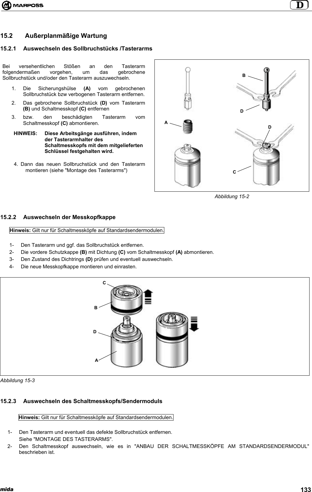 mida 13315.2  Außerplanmäßige Wartung15.2.1  Auswechseln des Sollbruchstücks /TasterarmsBei versehentlichen Stößen an den Tasterarmfolgendermaßen vorgehen, um das gebrocheneSollbruchstück und/oder den Tasterarm auszuwechseln.1. Die Sicherungshülse (A) vom gebrochenenSollbruchstück bzw verbogenen Tasterarm entfernen.2.  Das gebrochene Sollbruchstück (D) vom Tasterarm(B) und Schaltmesskopf (C) entfernen3. bzw. den beschädigten Tasterarm vomSchaltmesskopf (C) abmontieren.HINWEIS: Diese Arbeitsgänge ausführen, indemder Tasterarmhalter desSchaltmesskopfs mit dem mitgeliefertenSchlüssel festgehalten wird.4. Dann das neuen Sollbruchstück und den Tasterarmmontieren (siehe &quot;Montage des Tasterarms&quot;)Abbildung 15-215.2.2  Auswechseln der MesskopfkappeHinweis: Gilt nur für Schaltmessköpfe auf Standardsendermodulen.1-  Den Tasterarm und ggf. das Sollbruchstück entfernen.2-  Die vordere Schutzkappe (B) mit Dichtung (C) vom Schaltmesskopf (A) abmontieren.3-  Den Zustand des Dichtrings (D) prüfen und eventuell auswechseln.4-  Die neue Messkopfkappe montieren und einrasten.Abbildung 15-315.2.3  Auswechseln des Schaltmesskopfs/SendermodulsHinweis: Gilt nur für Schaltmessköpfe auf Standardsendermodulen.1-  Den Tasterarm und eventuell das defekte Sollbruchstück entfernen.Siehe &quot;MONTAGE DES TASTERARMS&quot;.2-  Den Schaltmesskopf auswechseln, wie es in &quot;ANBAU DER SCHALTMESSKÖPFE AM STANDARDSENDERMODUL&quot;beschrieben ist.ADBCDDBCA