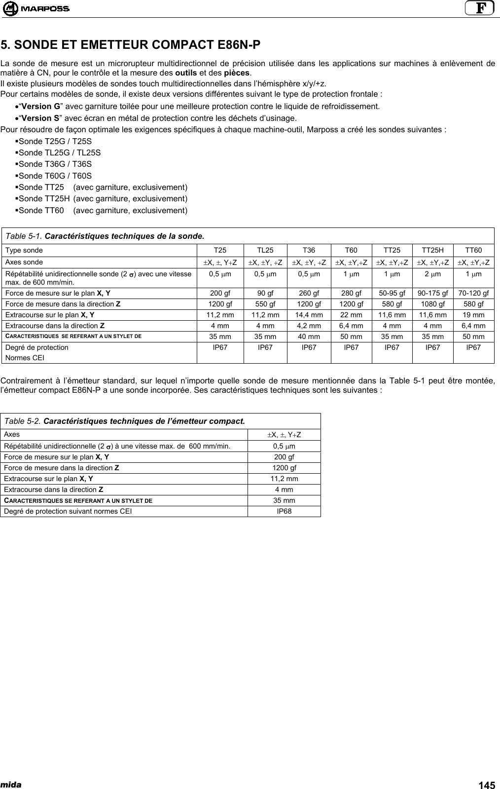 mida 1455. SONDE ET EMETTEUR COMPACT E86N-PLa sonde de mesure est un microrupteur multidirectionnel de précision utilisée dans les applications sur machines à enlèvement dematière à CN, pour le contrôle et la mesure des outils et des pièces.Il existe plusieurs modèles de sondes touch multidirectionnelles dans l’hémisphère x/y/+z.Pour certains modèles de sonde, il existe deux versions différentes suivant le type de protection frontale :• “Version G” avec garniture toilée pour une meilleure protection contre le liquide de refroidissement.• “Version S” avec écran en métal de protection contre les déchets d’usinage.Pour résoudre de façon optimale les exigences spécifiques à chaque machine-outil, Marposs a créé les sondes suivantes : Sonde T25G / T25S Sonde TL25G / TL25S Sonde T36G / T36S Sonde T60G / T60S Sonde TT25  (avec garniture, exclusivement) Sonde TT25H (avec garniture, exclusivement) Sonde TT60  (avec garniture, exclusivement)Table 5-1. Caractéristiques techniques de la sonde.Type sonde T25 TL25 T36 T60 TT25 TT25H TT60Axes sonde ±X, ±, Y+Z±X, ±Y, +Z±X, ±Y, +Z±X, ±Y,+Z±X, ±Y,+Z±X, ±Y,+Z±X, ±Y,+ZRépétabilité unidirectionnelle sonde (2 σ) avec une vitessemax. de 600 mm/min.0,5 µm0,5 µm0,5 µm1 µm1 µm2 µm1 µmForce de mesure sur le plan X, Y 200 gf 90 gf 260 gf 280 gf 50-95 gf 90-175 gf 70-120 gfForce de mesure dans la direction Z 1200 gf 550 gf 1200 gf 1200 gf 580 gf 1080 gf 580 gfExtracourse sur le plan X, Y 11,2 mm 11,2 mm 14,4 mm 22 mm 11,6 mm 11,6 mm 19 mmExtracourse dans la direction Z4 mm 4 mm 4,2 mm 6,4 mm 4 mm 4 mm 6,4 mmCARACTERISTIQUES  SE REFERANT A UN STYLET DE 35 mm 35 mm 40 mm 50 mm 35 mm 35 mm 50 mmDegré de protectionNormes CEIIP67 IP67 IP67 IP67 IP67 IP67 IP67Contrairement à l’émetteur standard, sur lequel n’importe quelle sonde de mesure mentionnée dans la Table 5-1 peut être montée,l’émetteur compact E86N-P a une sonde incorporée. Ses caractéristiques techniques sont les suivantes :Table 5-2. Caractéristiques techniques de l’émetteur compact.Axes ±X, ±, Y+ZRépétabilité unidirectionnelle (2 σ) à une vitesse max. de  600 mm/min. 0,5 µmForce de mesure sur le plan X, Y 200 gfForce de mesure dans la direction Z 1200 gfExtracourse sur le plan X, Y 11,2 mmExtracourse dans la direction Z4 mmCARACTERISTIQUES SE REFERANT A UN STYLET DE 35 mmDegré de protection suivant normes CEI IP68