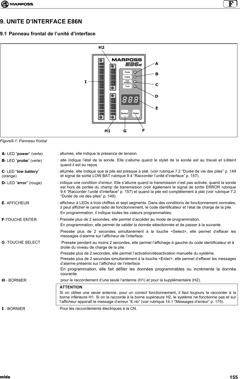 mida 1559. UNITE D’INTERFACE E86N9.1 Panneau frontal de l’unité d’interfaceFigure9-1: Panneau frontalA- LED “power” (verte) : allumée, elle indique la présence de tension.B- LED “probe” (verte) : elle indique l’état de la sonde. Elle s’allume quand le stylet de la sonde est au travail et s’éteintquand il est au repos.C- LED “low battery”(orange): allumée, elle indique que la pile est presque à plat. (voir rubrique 7.2 “Durée de vie des piles” p. 149et signal de sortie LOW BAT rubrique 9.4 “Raccorder l’unité d’interface” p. 157).D- LED “error” (rouge) : indique une condition d’erreur. Elle s’allume quand la transmission n’est pas activée, quand la sondeest hors de portée du champ de transmission (voir également le signal de sortie ERROR rubrique9.4 “Raccorder l’unité d’interface” p. 157) et quand la pile est complètement à plat (voir rubrique 7.2“Durée de vie des piles” p. 149).E- AFFICHEUR : afficheur à LEDs à trois chiffres et sept segments. Dans des conditions de fonctionnement normales,il peut afficher le canal radio de fonctionnement, le code identificateur et l’état de charge de la pile.En programmation, il indique toutes les valeurs programmables.F-TOUCHE ENTER : Pressée plus de 2 secondes, elle permet d’accéder au mode de programmation.En programmation, elle permet de valider la donnée sélectionnée et de passer à la suivante.Pressée plus de 2 secondes simultanément à la touche &lt;Select&gt;, elle permet d’effacer lesmessages d’alarme sur l’afficheur de l’interface.G -TOUCHE SELECT :Pressée pendant au moins 2 secondes, elle permet l’affichage à gauche du code identificateur et àdroite du niveau de charge de la pile.Pressée plus de 2 secondes, elle permet l’activation/désactivation manuelle du système.Pressée plus de 2 secondes simultanément à la touche &lt;Enter&gt;, elle permet d’effacer les messagesd’alarme présents sur l’afficheur de l’interface.En programmation, elle fait défiler les données programmables ou incrémente la donnéecourante.H - BORNIER :pour le raccordement d’une seule l’antenne (H1) et pour la supplémentaire (H2).ATTENTIONSi on utilise une seule antenne, pour un correct fonctionnement, il faut toujours la raccorder à laborne inférieure H1. Si on la raccorde à la borne supérieure H2, le système ne fonctionne pas et surl’afficheur apparaît le message d’erreur “E.nb” (voir rubrique 14.1 “Messages d’erreur” p. 175).I - BORNIER : Pour les raccordements électriques à la CN.H2EGCDIFH1AB