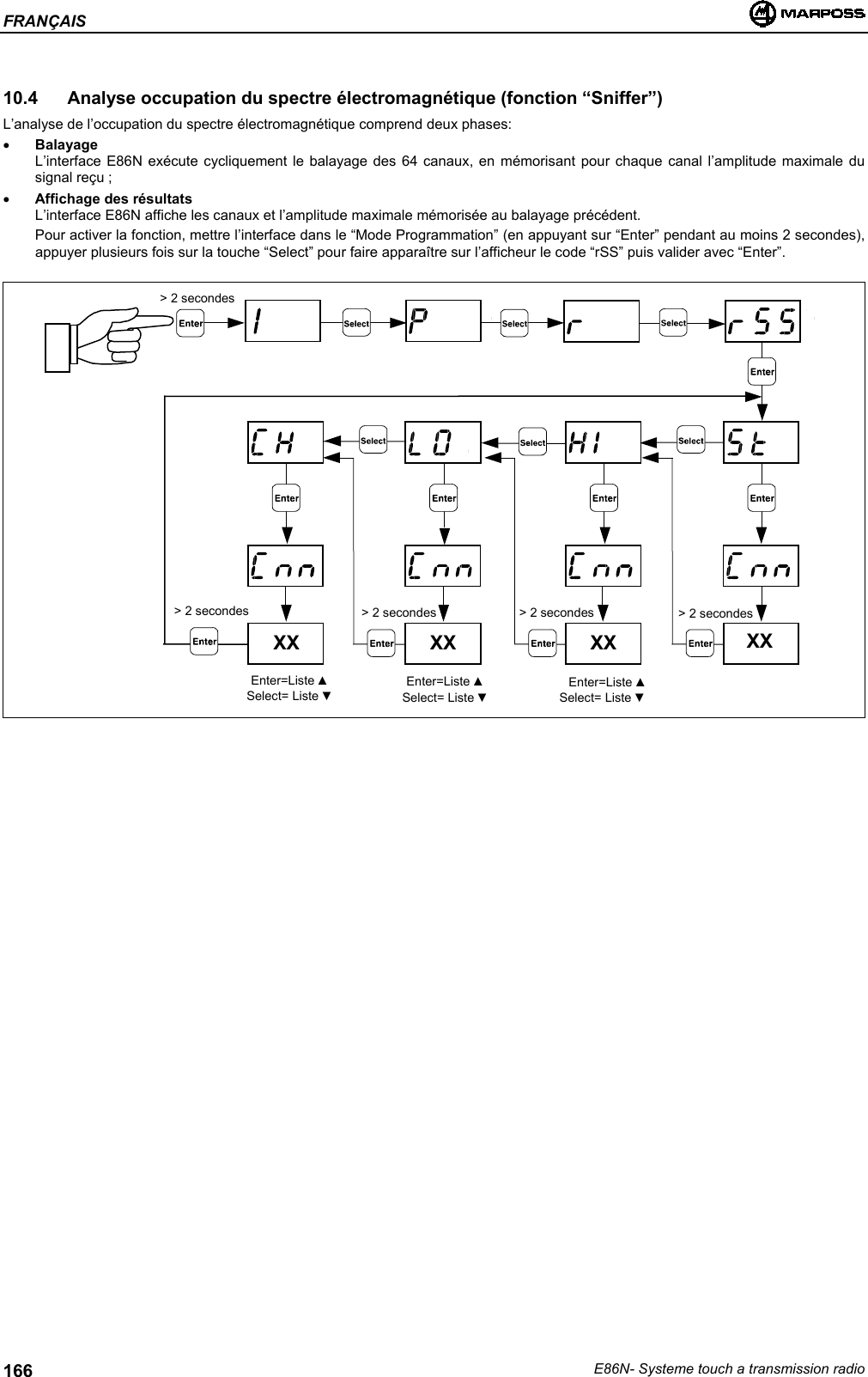 FRANÇAISE86N- Systeme touch a transmission radio16610.4  Analyse occupation du spectre électromagnétique (fonction “Sniffer”)L’analyse de l’occupation du spectre électromagnétique comprend deux phases:• BalayageL’interface E86N exécute cycliquement le balayage des 64 canaux, en mémorisant pour chaque canal l’amplitude maximale dusignal reçu ;• Affichage des résultatsL’interface E86N affiche les canaux et l’amplitude maximale mémorisée au balayage précédent.Pour activer la fonction, mettre l’interface dans le “Mode Programmation” (en appuyant sur “Enter” pendant au moins 2 secondes),appuyer plusieurs fois sur la touche “Select” pour faire apparaître sur l’afficheur le code “rSS” puis valider avec “Enter”.XX XX XX XX&gt; 2 secondes&gt; 2 secondes &gt; 2 secondes &gt; 2 secondes &gt; 2 secondesEnter=Liste ▲Select= Liste ▼Enter=Liste ▲Select= Liste ▼Enter=Liste ▲Select= Liste ▼