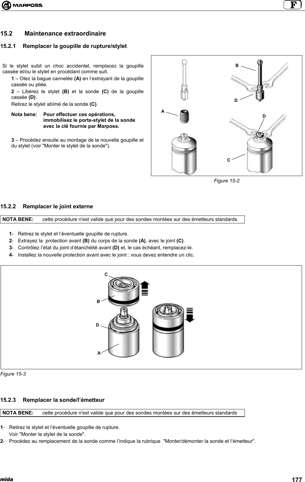 mida 17715.2   Maintenance extraordinaire15.2.1  Remplacer la goupille de rupture/styletSi le stylet subit un choc accidentel, remplacez la goupillecassée et/ou le stylet en procédant comme suit.1 – Otez la bague cannelée (A) en l’extrayant de la goupillecassée ou pliée.2  – Libérez le stylet (B) et la sonde (C)  de la goupillecassée (D).Retirez le stylet abîmé de la sonde (C).Nota bene: Pour effectuer ces opérations,immobilisez le porte-stylet de la sondeavec la clé fournie par Marposs.3 – Procédez ensuite au montage de la nouvelle goupille etdu stylet (voir &quot;Monter le stylet de la sonde&quot;).Figure 15-215.2.2  Remplacer le joint externeNOTA BENE: cette procédure n&apos;est valide que pour des sondes montées sur des émetteurs standards1- Retirez le stylet et l’éventuelle goupille de rupture.2- Extrayez la  protection avant (B) du corps de la sonde (A), avec le joint (C).3- Contrôlez l’état du joint d’étanchéité avant (D) et, le cas échéant, remplacez-le.4- Installez la nouvelle protection avant avec le joint : vous devez entendre un clic.Figure 15-315.2.3  Remplacer la sonde/l’émetteurNOTA BENE: cette procédure n&apos;est valide que pour des sondes montées sur des émetteurs standards1- Retirez le stylet et l’éventuelle goupille de rupture.Voir &quot;Monter le stylet de la sonde&quot;.2- Procédez au remplacement de la sonde comme l’indique la rubrique  &quot;Monter/démonter la sonde et l’émetteur&quot;.DBCAADBCD