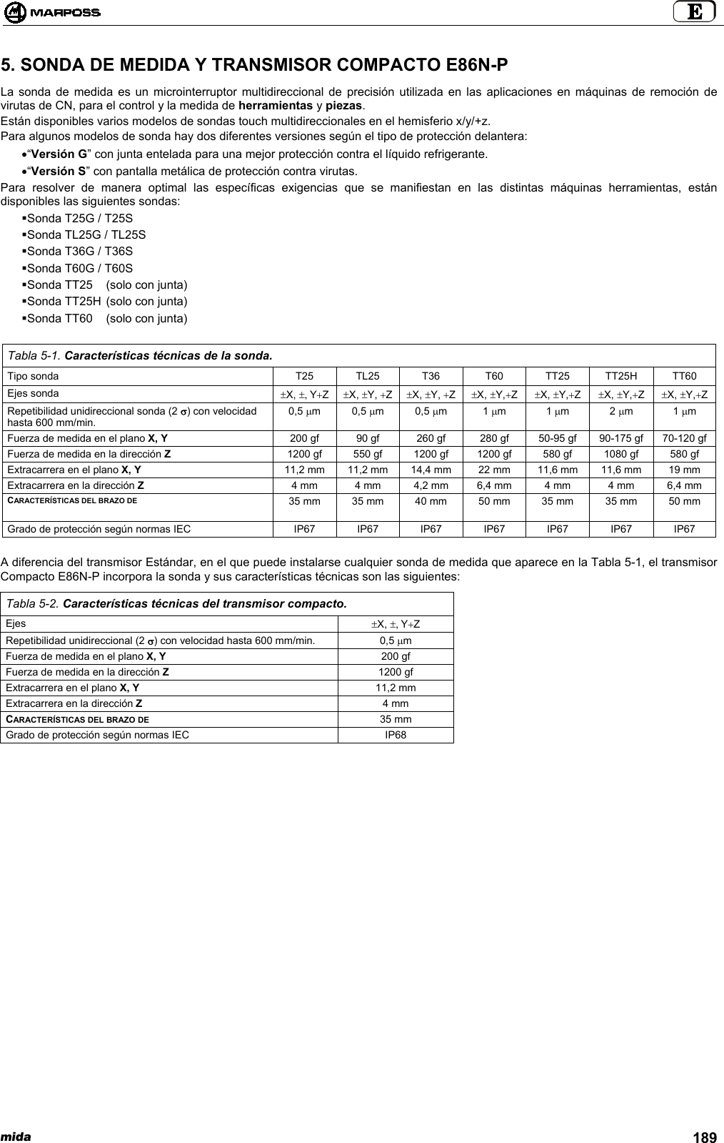 mida 1895. SONDA DE MEDIDA Y TRANSMISOR COMPACTO E86N-PLa sonda de medida es un microinterruptor multidireccional de precisión utilizada en las aplicaciones en máquinas de remoción devirutas de CN, para el control y la medida de herramientas y piezas.Están disponibles varios modelos de sondas touch multidireccionales en el hemisferio x/y/+z.Para algunos modelos de sonda hay dos diferentes versiones según el tipo de protección delantera:• “Versión G” con junta entelada para una mejor protección contra el líquido refrigerante.• “Versión S” con pantalla metálica de protección contra virutas.Para resolver de manera optimal las específicas exigencias que se manifiestan en las distintas máquinas herramientas, estándisponibles las siguientes sondas: Sonda T25G / T25S Sonda TL25G / TL25S Sonda T36G / T36S Sonda T60G / T60S Sonda TT25  (solo con junta) Sonda TT25H (solo con junta) Sonda TT60  (solo con junta)Tabla 5-1. Características técnicas de la sonda.Tipo sonda T25 TL25 T36 T60 TT25 TT25H TT60Ejes sonda ±X, ±, Y+Z±X, ±Y, +Z±X, ±Y, +Z±X, ±Y,+Z±X, ±Y,+Z±X, ±Y,+Z±X, ±Y,+ZRepetibilidad unidireccional sonda (2 σ) con velocidadhasta 600 mm/min.0,5 µm0,5 µm0,5 µm1 µm1 µm2 µm1 µmFuerza de medida en el plano X, Y 200 gf 90 gf 260 gf 280 gf 50-95 gf 90-175 gf 70-120 gfFuerza de medida en la dirección Z 1200 gf 550 gf 1200 gf 1200 gf 580 gf 1080 gf 580 gfExtracarrera en el plano X, Y 11,2 mm 11,2 mm 14,4 mm 22 mm 11,6 mm 11,6 mm 19 mmExtracarrera en la dirección Z4 mm 4 mm 4,2 mm 6,4 mm 4 mm 4 mm 6,4 mmCARACTERÍSTICAS DEL BRAZO DE 35 mm 35 mm 40 mm 50 mm 35 mm 35 mm 50 mmGrado de protección según normas IEC IP67 IP67 IP67 IP67 IP67 IP67 IP67A diferencia del transmisor Estándar, en el que puede instalarse cualquier sonda de medida que aparece en la Tabla 5-1, el transmisorCompacto E86N-P incorpora la sonda y sus características técnicas son las siguientes:Tabla 5-2. Características técnicas del transmisor compacto.Ejes ±X, ±, Y+ZRepetibilidad unidireccional (2 σ) con velocidad hasta 600 mm/min. 0,5 µmFuerza de medida en el plano X, Y 200 gfFuerza de medida en la dirección Z 1200 gfExtracarrera en el plano X, Y 11,2 mmExtracarrera en la dirección Z4 mmCARACTERÍSTICAS DEL BRAZO DE 35 mmGrado de protección según normas IEC IP68
