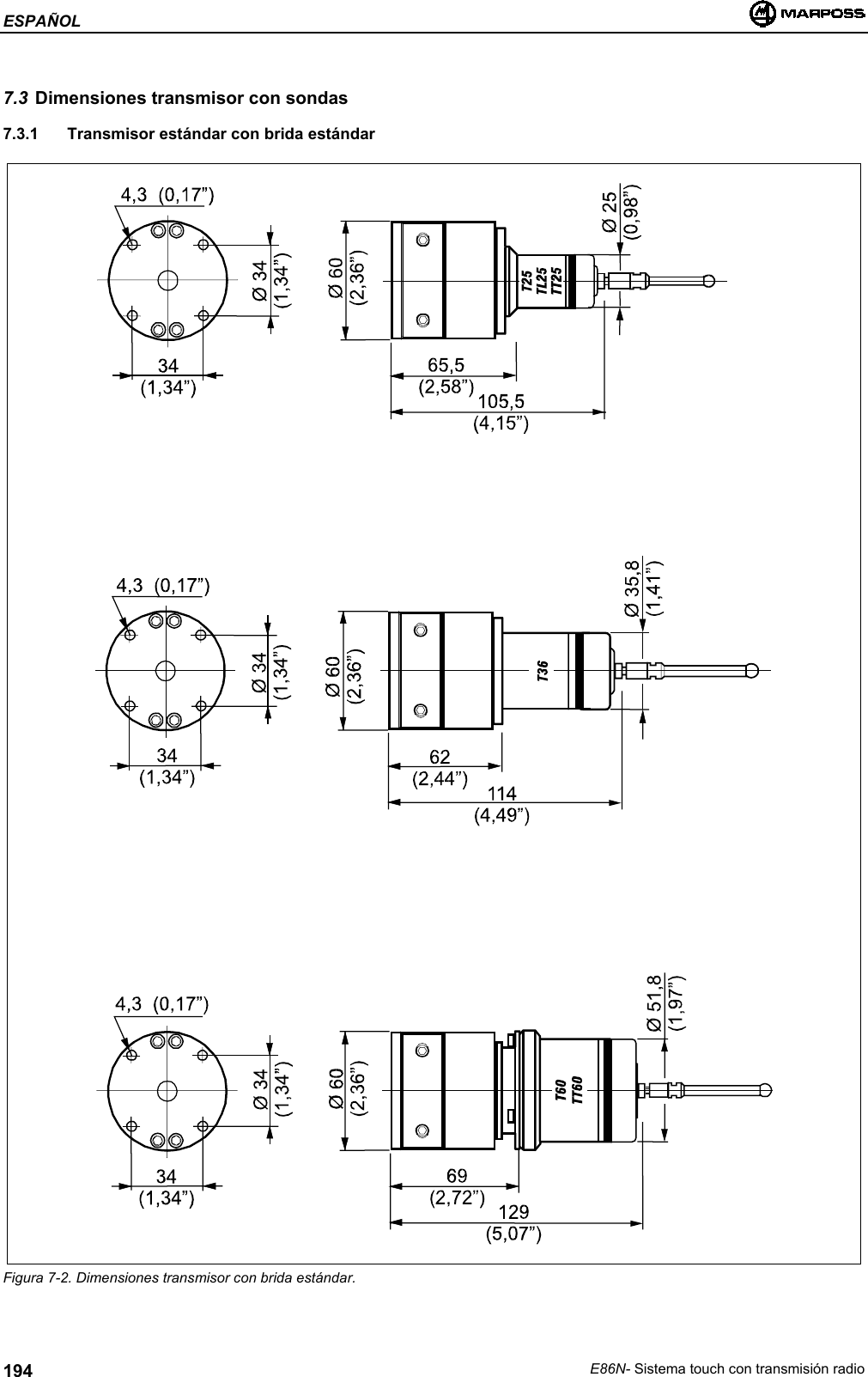 ESPAÑOLE86N- Sistema touch con transmisión radio1947.3 Dimensiones transmisor con sondas7.3.1  Transmisor estándar con brida estándarFigura 7-2. Dimensiones transmisor con brida estándar.