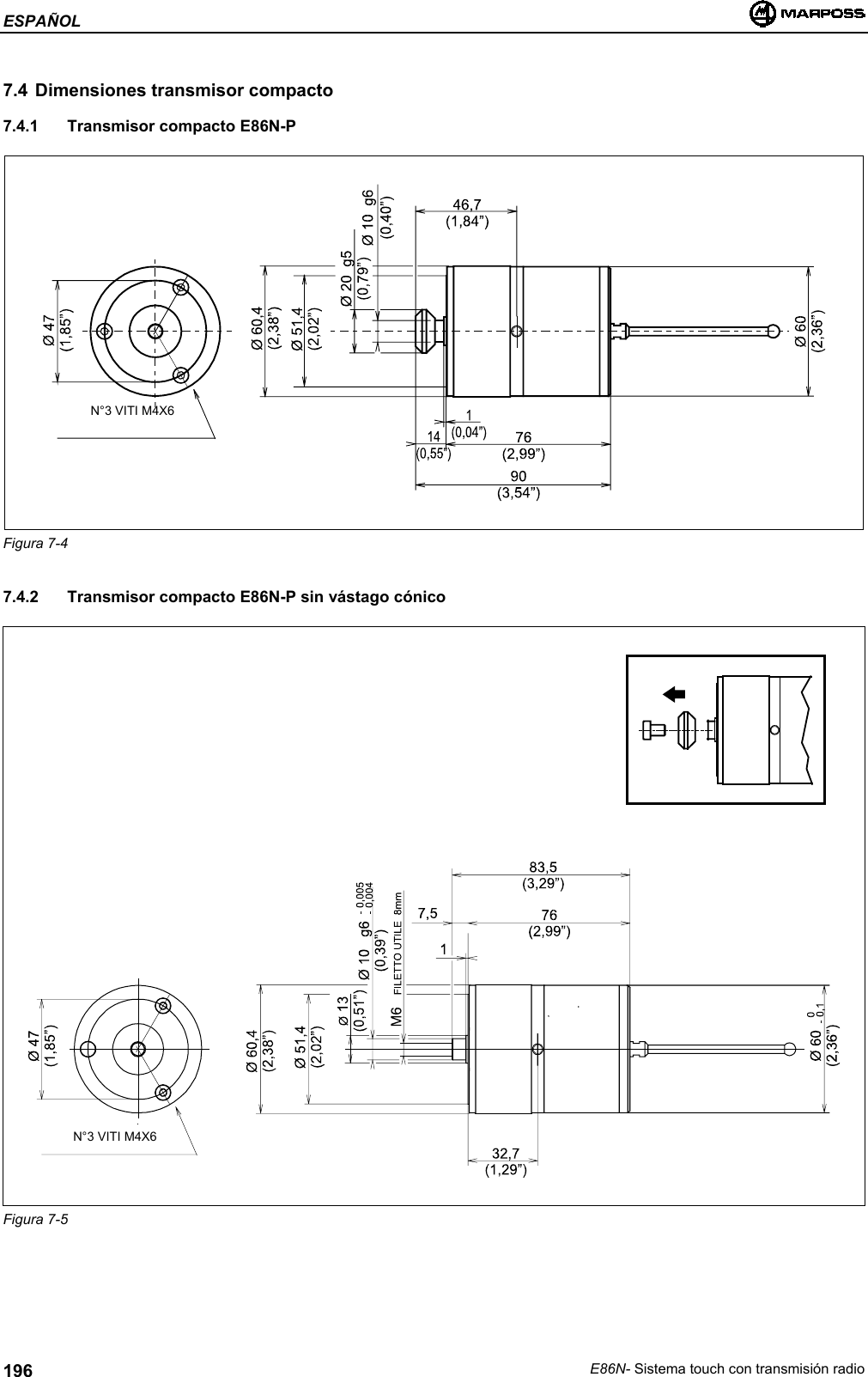 ESPAÑOLE86N- Sistema touch con transmisión radio1967.4 Dimensiones transmisor compacto7.4.1  Transmisor compacto E86N-PFigura 7-47.4.2  Transmisor compacto E86N-P sin vástago cónicoFigura 7-5N°3 VITI M4X6N°3 VITI M4X6