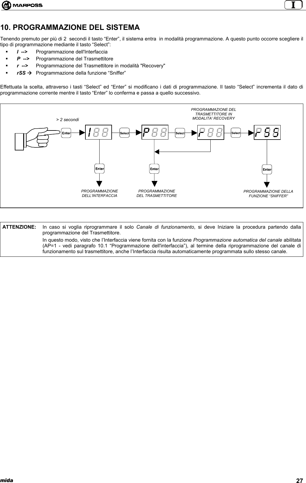  mida 2710. PROGRAMMAZIONE DEL SISTEMATenendo premuto per più di 2  secondi il tasto “Enter”, il sistema entra  in modalità programmazione. A questo punto occorre scegliere iltipo di programmazione mediante il tasto “Select”: I  --&gt; Programmazione dell&apos;Interfaccia P  --&gt; Programmazione del Trasmettitore r  --&gt; Programmazione del Trasmettitore in modalità &quot;Recovery&quot; rSS ÆProgrammazione della funzione “Sniffer”Effettuata la scelta, attraverso i tasti “Select” ed “Enter” si modificano i dati di programmazione. Il tasto “Select” incrementa il dato diprogrammazione corrente mentre il tasto “Enter” lo conferma e passa a quello successivo.ATTENZIONE: In caso si voglia riprogrammare il solo Canale di funzionamento, si deve Iniziare la procedura partendo dallaprogrammazione del Trasmettitore.In questo modo, visto che l’Interfaccia viene fornita con la funzione Programmazione automatica del canale abilitata(AP=1 - vedi paragrafo 10.1 “Programmazione dell&apos;interfaccia”), al termine della riprogrammazione del canale difunzionamento sul trasmettitore, anche l’Interfaccia risulta automaticamente programmata sullo stesso canale.PROGRAMMAZIONEDEL TRASMETTITOREPROGRAMMAZIONEDELL’INTERFACCIAPROGRAMMAZIONE DELTRASMETTITORE INMODALITA’ RECOVERY&gt; 2 secondiPROGRAMMAZIONE DELLAFUNZIONE “SNIFFER”