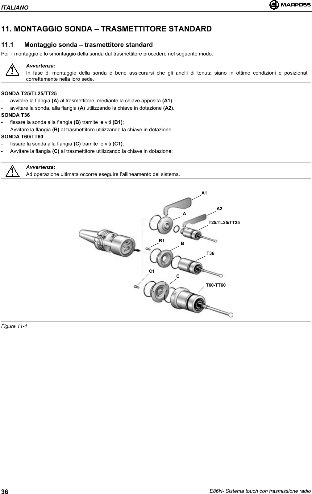 ITALIANOE86N- Sistema touch con trasmissione radio3611. MONTAGGIO SONDA – TRASMETTITORE STANDARD11.1  Montaggio sonda – trasmettitore standardPer il montaggio o lo smontaggio della sonda dal trasmettitore procedere nel seguente modo:Avvertenza:In fase di montaggio della sonda è bene assicurarsi che gli anelli di tenuta siano in ottime condizioni e posizionaticorrettamente nella loro sede.SONDA T25/TL25/TT25- avvitare la flangia (A) al trasmettitore, mediante la chiave apposita (A1).- avvitare la sonda, alla flangia (A) utilizzando la chiave in dotazione (A2).SONDA T36- fissare la sonda alla flangia (B) tramite le viti (B1);- Avvitare la flangia (B) al trasmettitore utilizzando la chiave in dotazioneSONDA T60/TT60- fissare la sonda alla flangia (C) tramite le viti (C1);- Avvitare la flangia (C) al trasmettitore utilizzando la chiave in dotazione;Avvertenza:Ad operazione ultimata occorre eseguire l’allineamento del sistema.Figura 11-1A2AT25/TL25/TT25B1 BT36C1 CT60-TT60A1