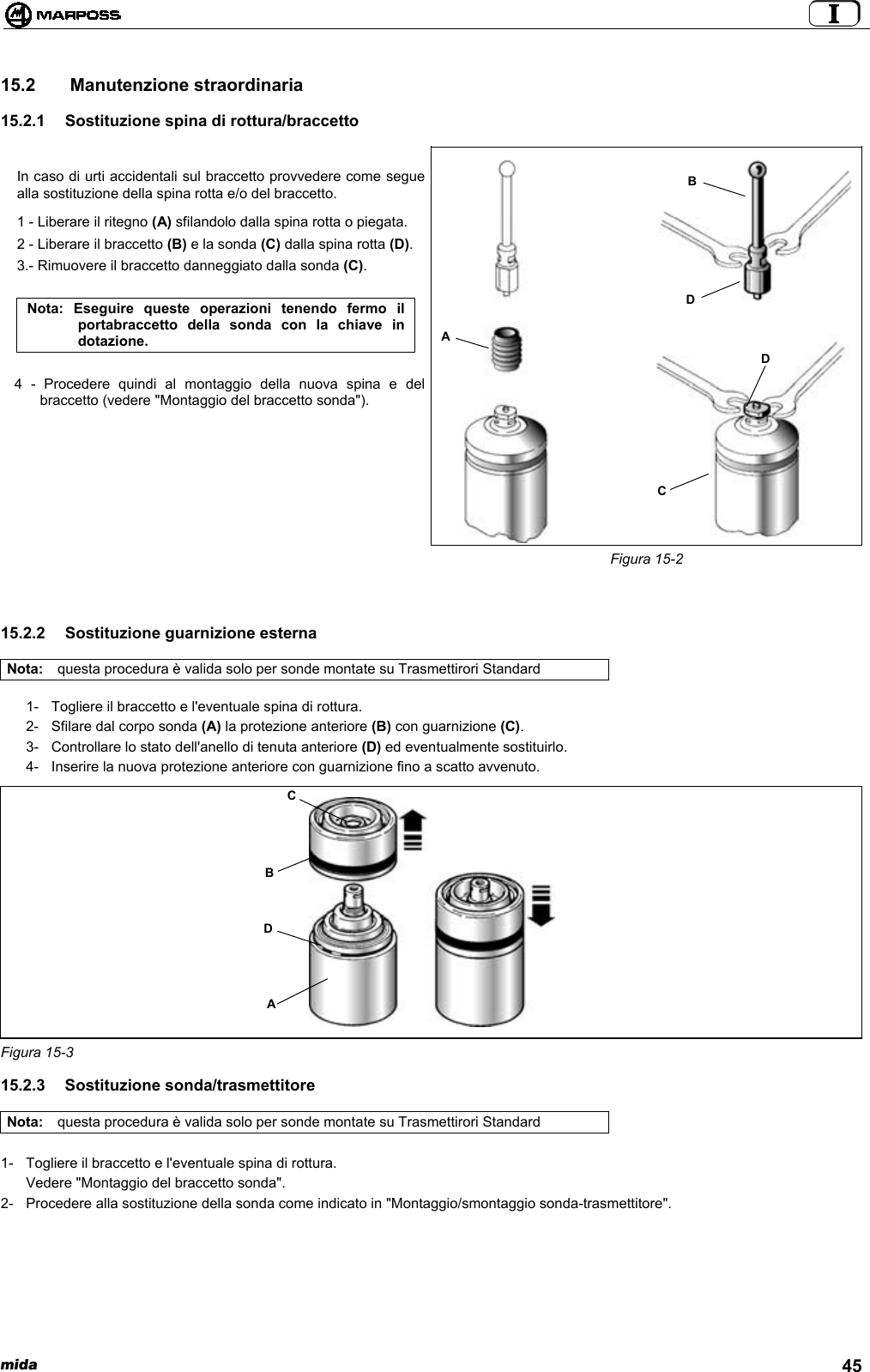  mida 4515.2   Manutenzione straordinaria15.2.1  Sostituzione spina di rottura/braccettoIn caso di urti accidentali sul braccetto provvedere come seguealla sostituzione della spina rotta e/o del braccetto.1 - Liberare il ritegno (A) sfilandolo dalla spina rotta o piegata.2 - Liberare il braccetto (B) e la sonda (C) dalla spina rotta (D).3.- Rimuovere il braccetto danneggiato dalla sonda (C).Nota: Eseguire queste operazioni tenendo fermo ilportabraccetto della sonda con la chiave indotazione.4 - Procedere quindi al montaggio della nuova spina e delbraccetto (vedere &quot;Montaggio del braccetto sonda&quot;).Figura 15-215.2.2  Sostituzione guarnizione esternaNota: questa procedura è valida solo per sonde montate su Trasmettirori Standard1- Togliere il braccetto e l&apos;eventuale spina di rottura.2- Sfilare dal corpo sonda (A) la protezione anteriore (B) con guarnizione (C).3- Controllare lo stato dell&apos;anello di tenuta anteriore (D) ed eventualmente sostituirlo.4- Inserire la nuova protezione anteriore con guarnizione fino a scatto avvenuto.Figura 15-315.2.3 Sostituzione sonda/trasmettitoreNota: questa procedura è valida solo per sonde montate su Trasmettirori Standard1- Togliere il braccetto e l&apos;eventuale spina di rottura.Vedere &quot;Montaggio del braccetto sonda&quot;.2- Procedere alla sostituzione della sonda come indicato in &quot;Montaggio/smontaggio sonda-trasmettitore&quot;.ADBCDDBCA