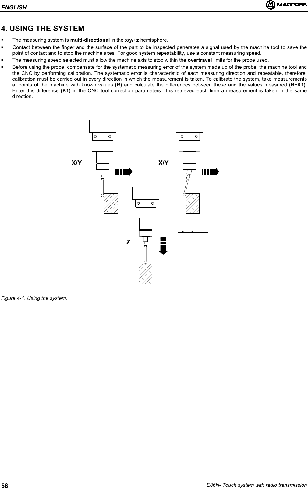 ENGLISHE86N- Touch system with radio transmission564. USING THE SYSTEM  The measuring system is multi-directional in the x/y/+z hemisphere.  Contact between the finger and the surface of the part to be inspected generates a signal used by the machine tool to save thepoint of contact and to stop the machine axes. For good system repeatability, use a constant measuring speed.  The measuring speed selected must allow the machine axis to stop within the overtravel limits for the probe used.  Before using the probe, compensate for the systematic measuring error of the system made up of the probe, the machine tool andthe CNC by performing calibration. The systematic error is characteristic of each measuring direction and repeatable, therefore,calibration must be carried out in every direction in which the measurement is taken. To calibrate the system, take measurementsat points of the machine with known values (R) and calculate the differences between these and the values measured (R+K1).Enter this difference (K1) in the CNC tool correction parameters. It is retrieved each time a measurement is taken in the samedirection.Figure 4-1. Using the system.X/Y X/YZ