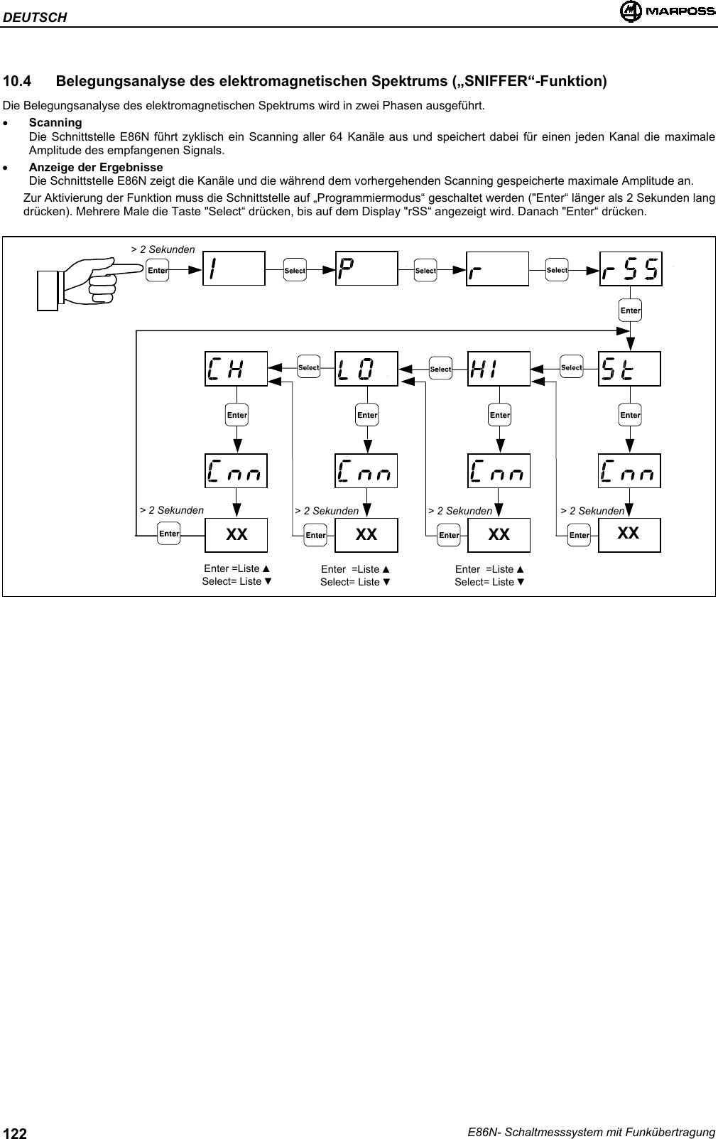 DEUTSCHE86N- Schaltmesssystem mit Funkübertragung12210.4  Belegungsanalyse des elektromagnetischen Spektrums („SNIFFER“-Funktion)Die Belegungsanalyse des elektromagnetischen Spektrums wird in zwei Phasen ausgeführt.• ScanningDie Schnittstelle E86N führt zyklisch ein Scanning aller 64 Kanäle aus und speichert dabei für einen jeden Kanal die maximaleAmplitude des empfangenen Signals.• Anzeige der ErgebnisseDie Schnittstelle E86N zeigt die Kanäle und die während dem vorhergehenden Scanning gespeicherte maximale Amplitude an.Zur Aktivierung der Funktion muss die Schnittstelle auf „Programmiermodus“ geschaltet werden (&quot;Enter“ länger als 2 Sekunden langdrücken). Mehrere Male die Taste &quot;Select“ drücken, bis auf dem Display &quot;rSS“ angezeigt wird. Danach &quot;Enter“ drücken.XX XX XX XX&gt; 2 Sekunden&gt; 2 Sekunden &gt; 2 Sekunden &gt; 2 Sekunden &gt; 2 SekundenEnter =Liste ▲Select= Liste ▼Enter  =Liste ▲Select= Liste ▼Enter  =Liste ▲Select= Liste ▼